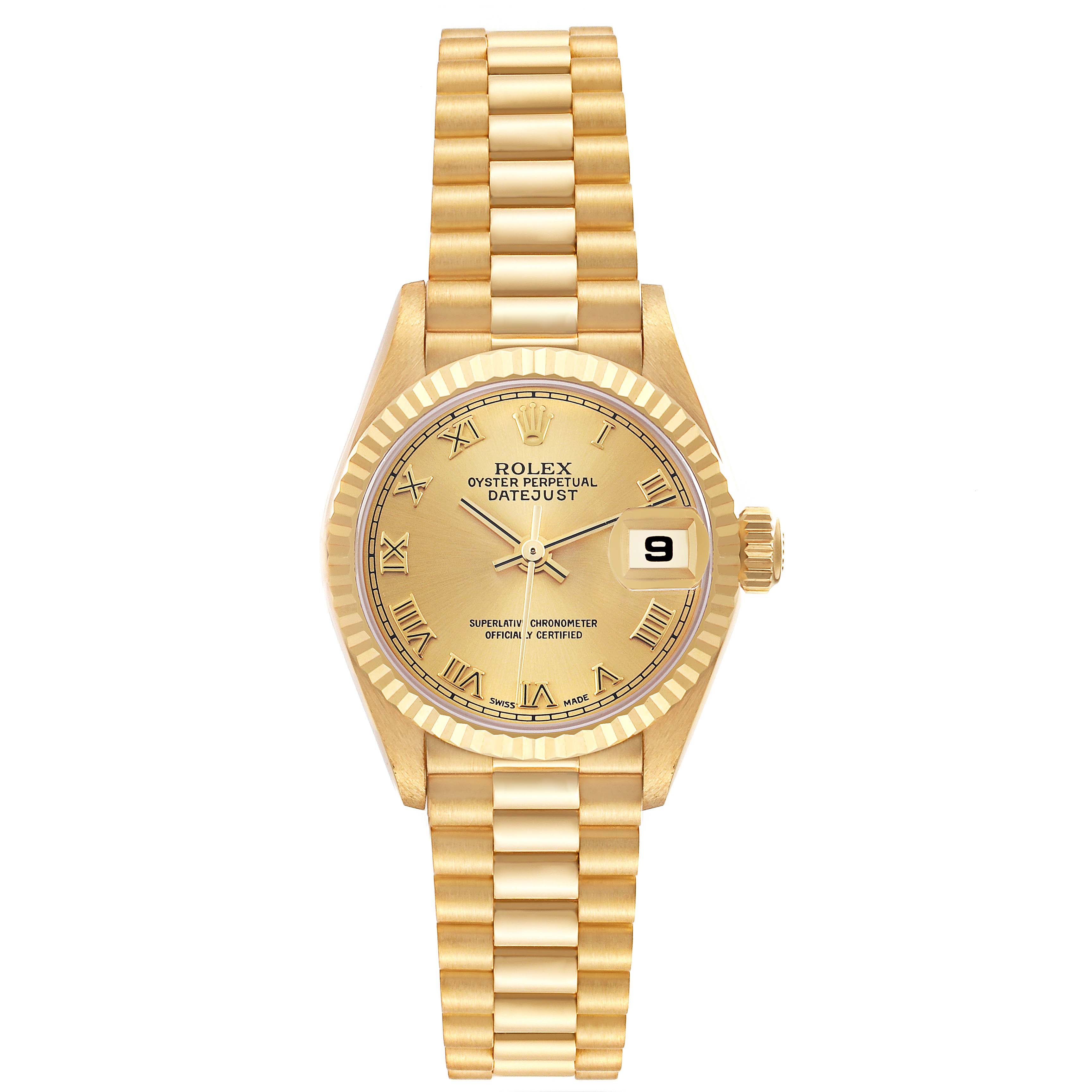 The Rolex President 79178 Women's Yellow Gold Champagne Dial 79178 Women's Yellow Gold Champagne Dial model is shown from a front view, displaying the dial, fluted bezel, and bracelet.