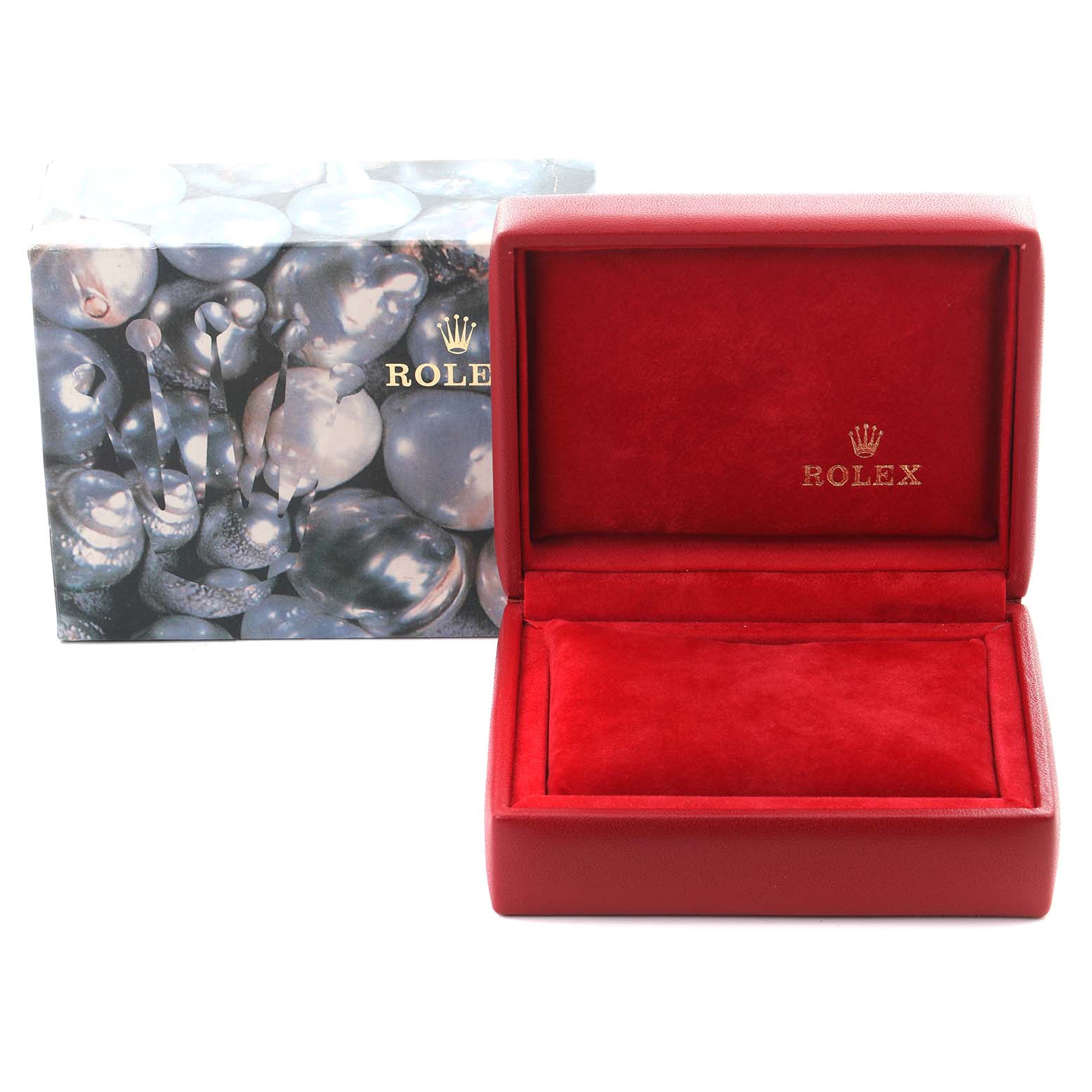 The image shows a red Rolex watch box for the President model, with an outer box featuring a pearl design.