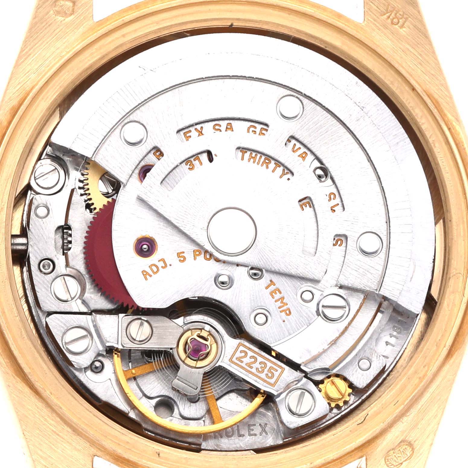 The image shows the movement of a Rolex President 79178 Women's Yellow Gold Champagne Dial 79178 Women's Yellow Gold Champagne Dial watch, viewed from the back, highlighting the mechanical components.
