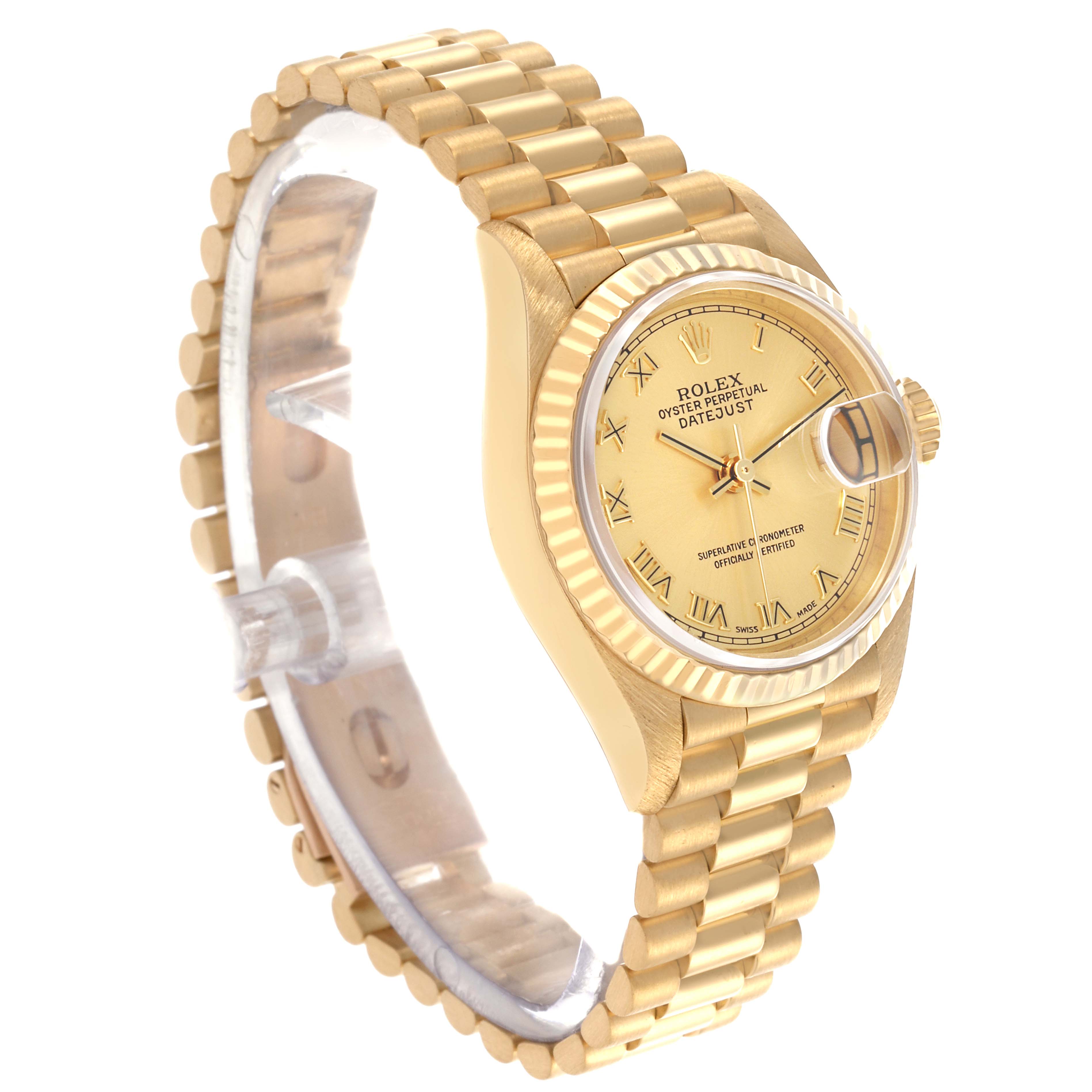 The Rolex President 79178 Women's Yellow Gold Champagne Dial 79178 Women's Yellow Gold Champagne Dial model is shown at a three-quarter angle, highlighting the bracelet, fluted bezel, and dial.