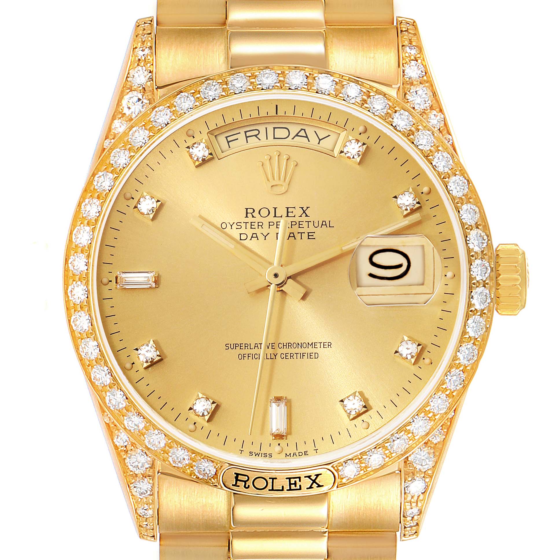 The image shows a close-up frontal view of a Rolex President 18138 Men
s Yellow Gold Champagne Dial 18138 Men
s Yellow Gold Champagne Dial model watch, displaying its face, band, and gem-encrusted bezel.