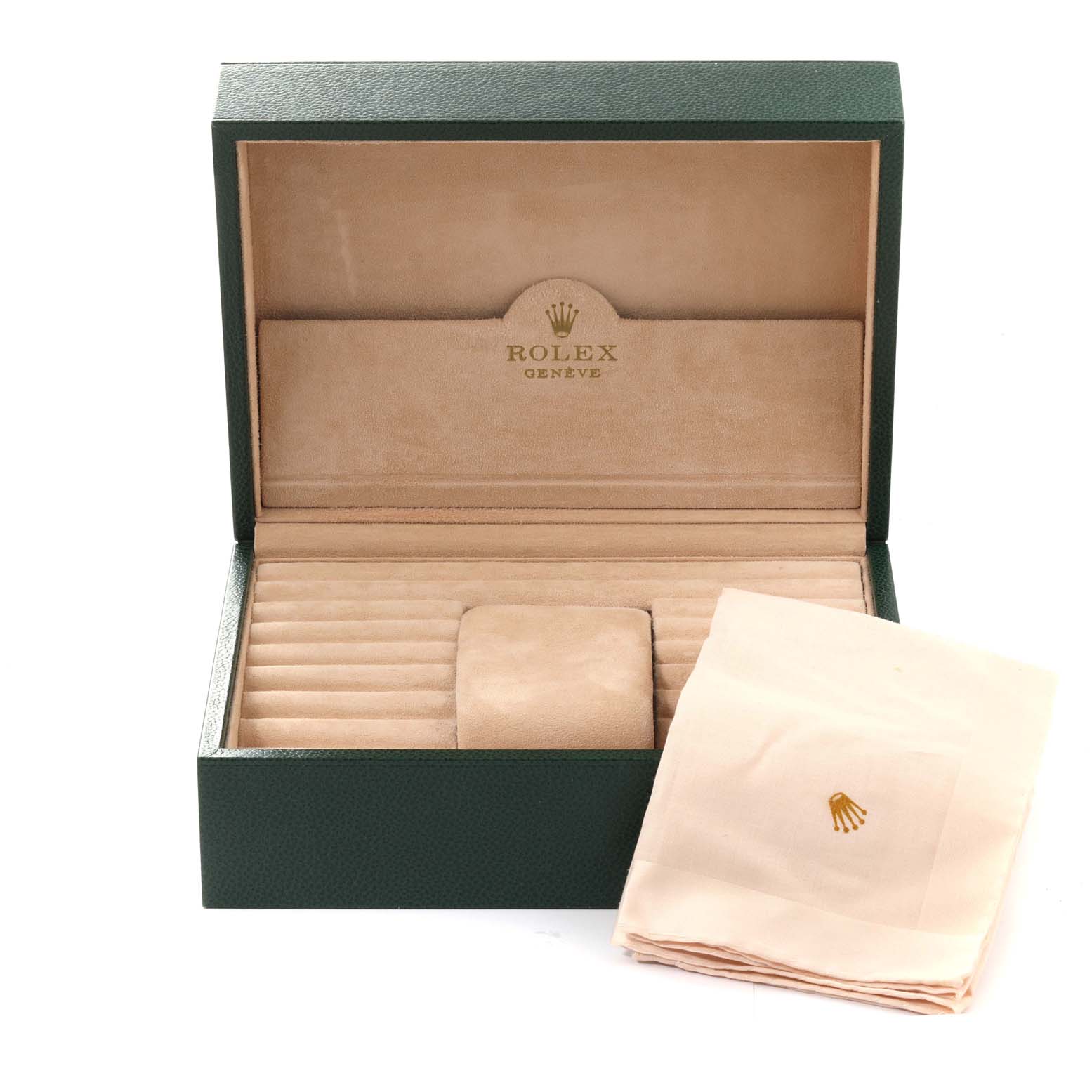 The image shows a Rolex President 18138 Men
s Yellow Gold Champagne Dial 18138 Men
s Yellow Gold Champagne Dial model watch box, including a beige cushion and a Rolex-branded cleaning cloth.