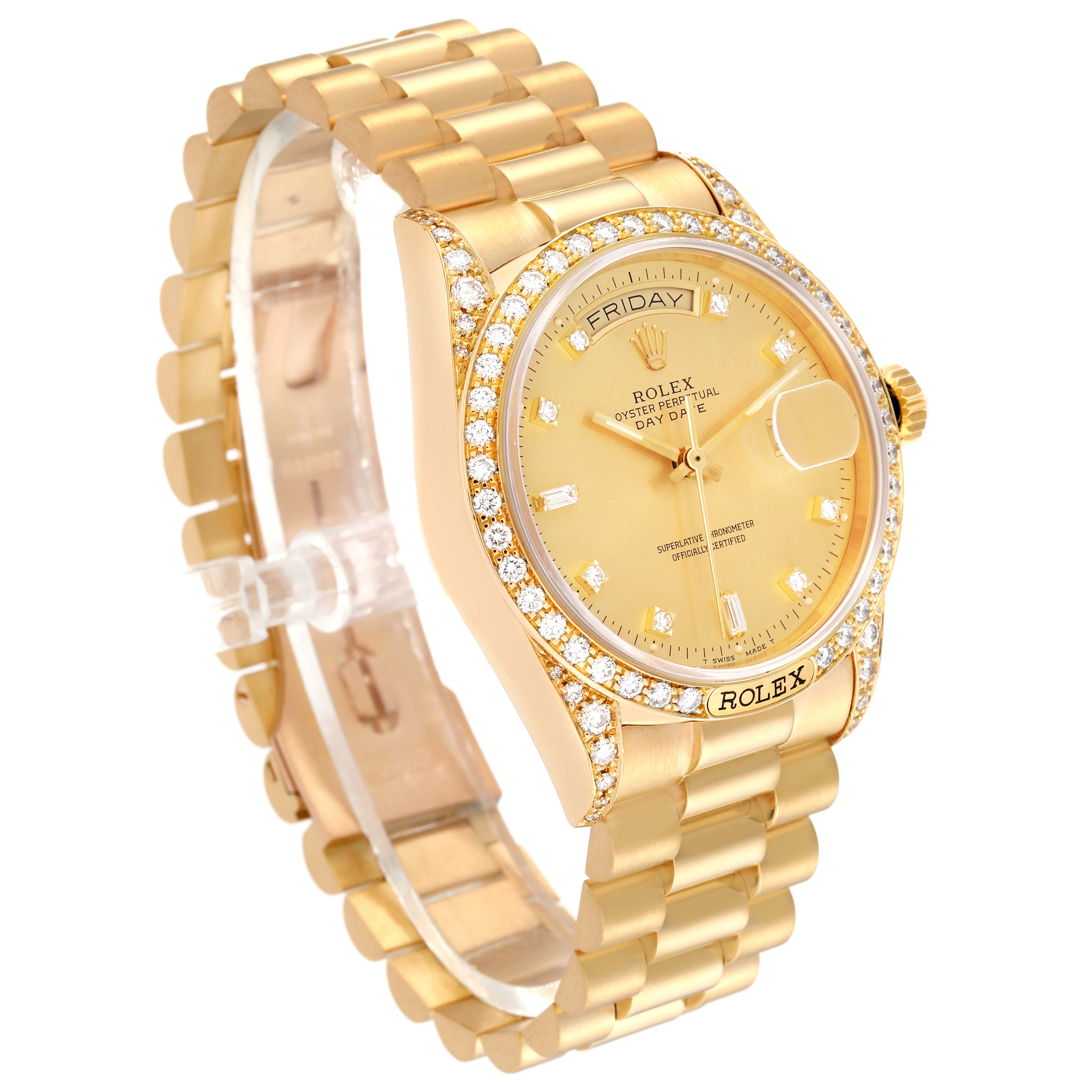 The Rolex President 18138 Men
s Yellow Gold Champagne Dial 18138 Men
s Yellow Gold Champagne Dial model watch is shown in a three-quarter angle, displaying the gold bracelet, diamond bezel, dial, and day/date features.
