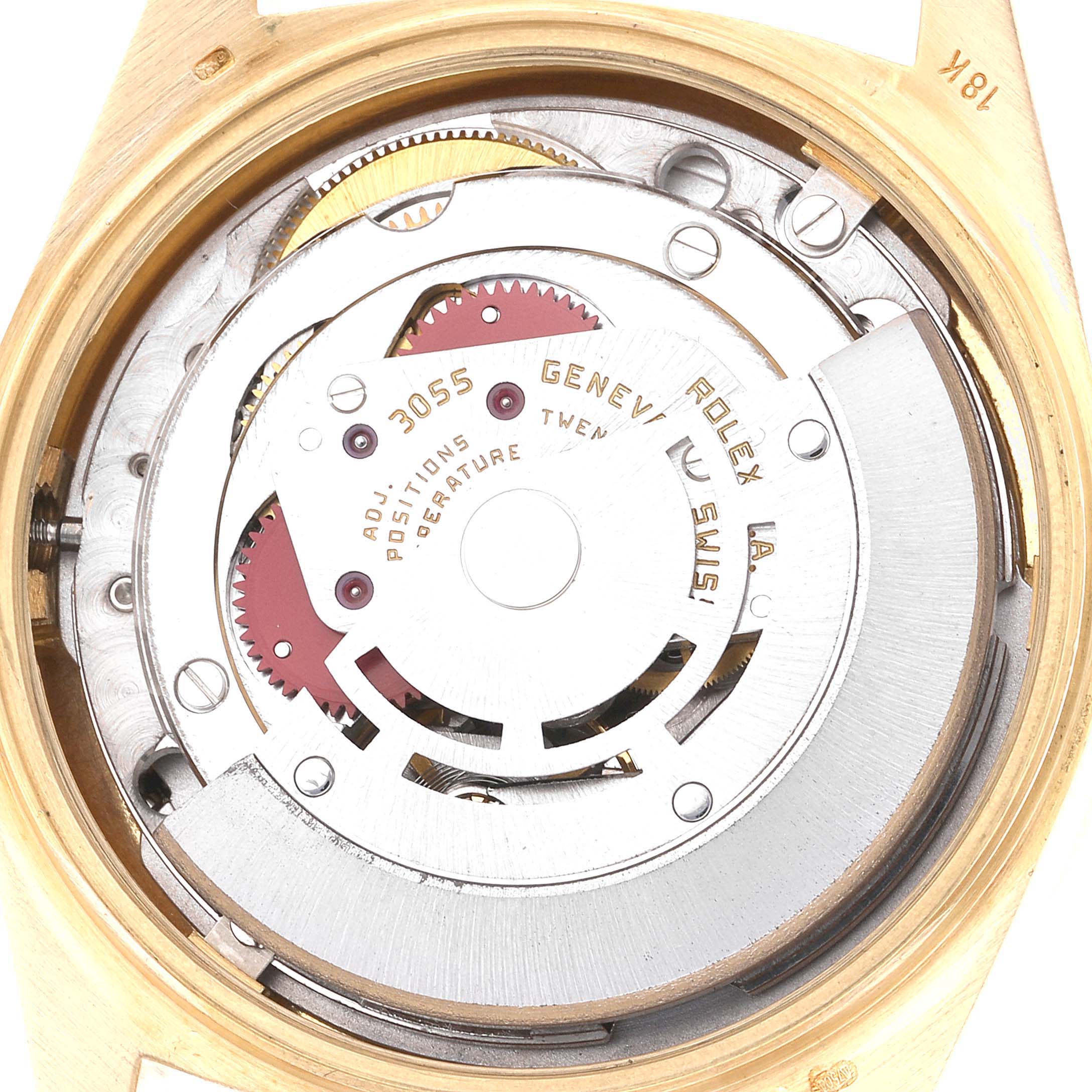 This image shows the inner mechanical movement of a Rolex President 18138 Men
s Yellow Gold Champagne Dial 18138 Men
s Yellow Gold Champagne Dial model watch from the backside.