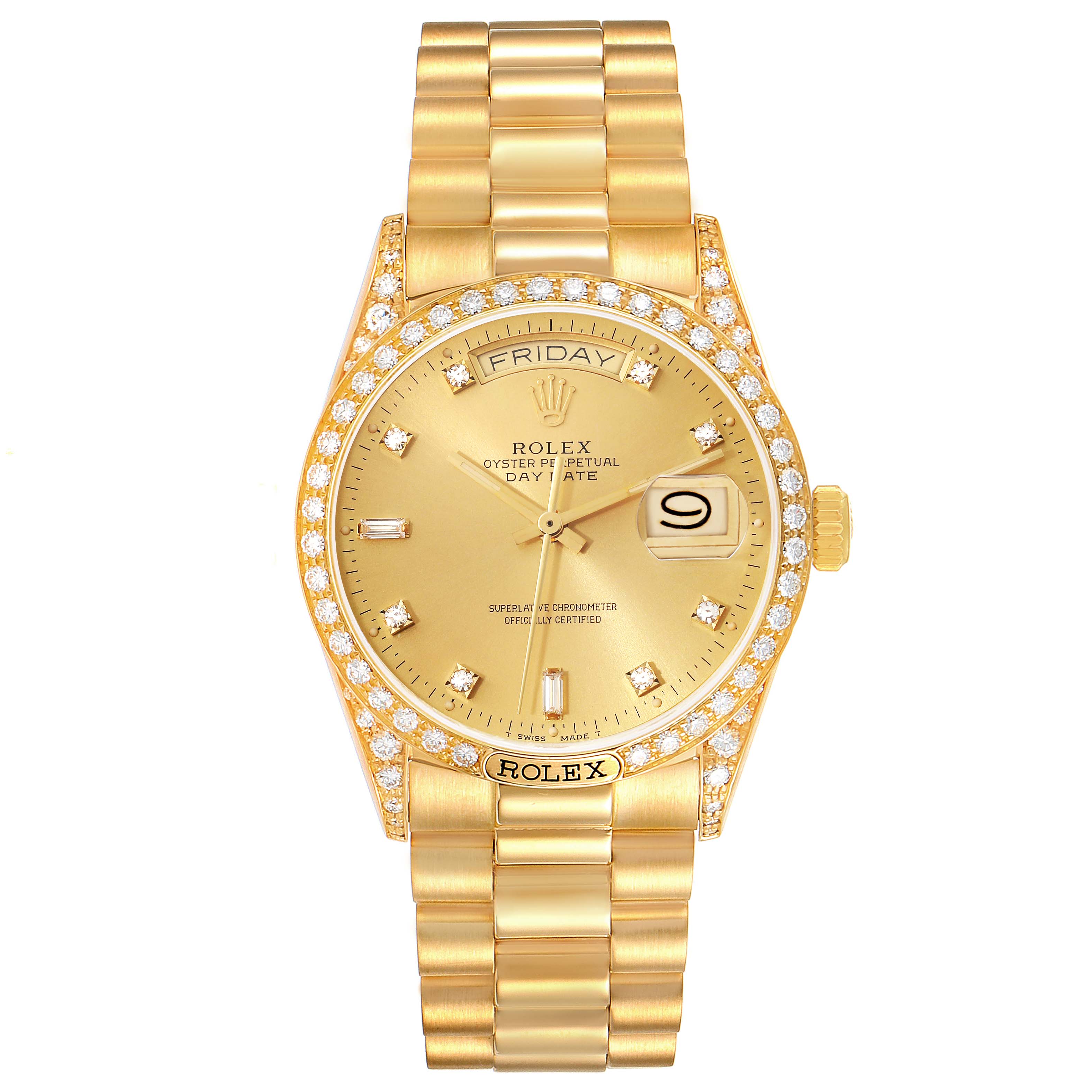The Rolex President 18138 Men
s Yellow Gold Champagne Dial 18138 Men
s Yellow Gold Champagne Dial model watch is shown from a top-down angle, displaying the face, bracelet, and bezel.