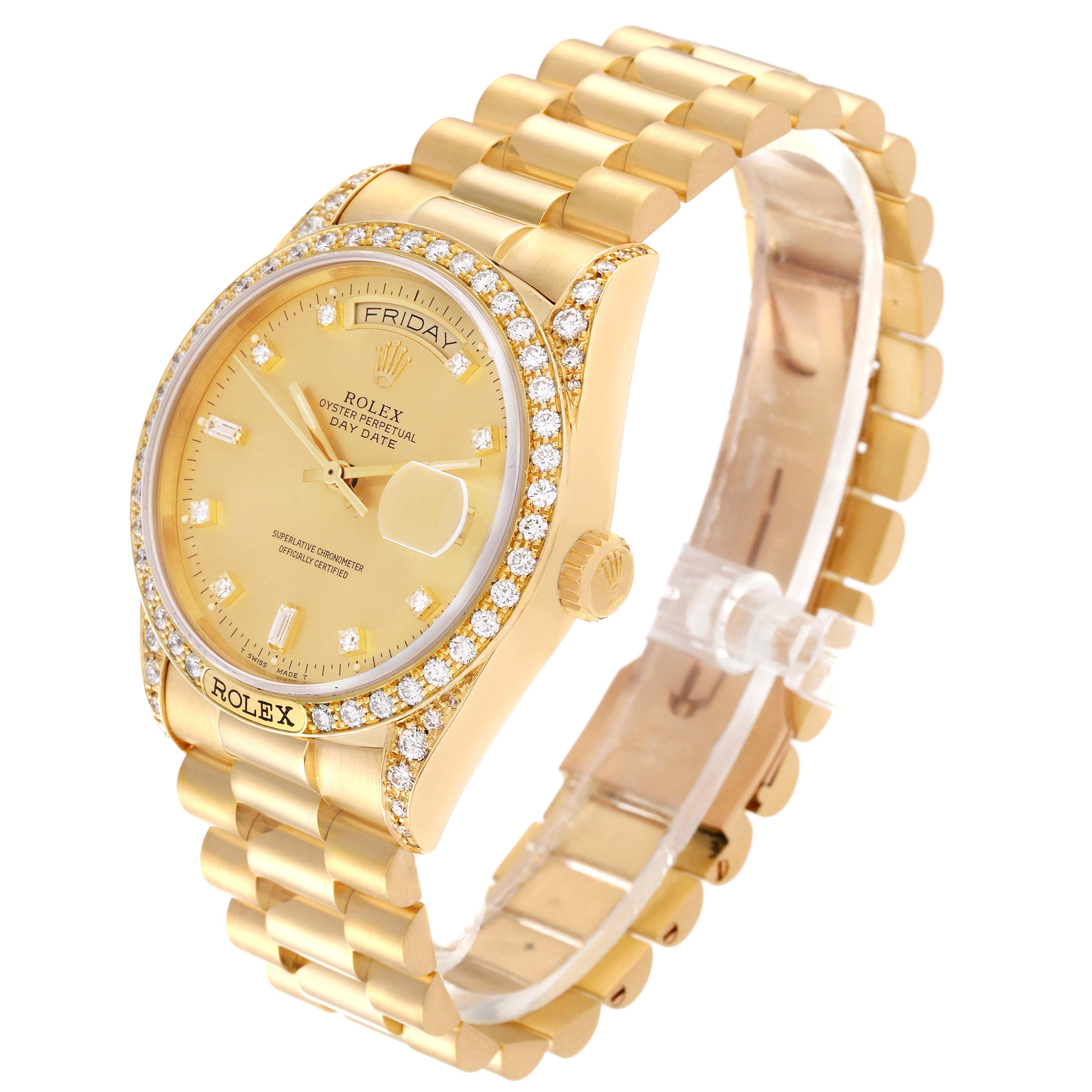 The Rolex President 18138 Men
s Yellow Gold Champagne Dial 18138 Men
s Yellow Gold Champagne Dial model watch is shown at a slight angle, highlighting its gold bracelet, diamond bezel, and dial.