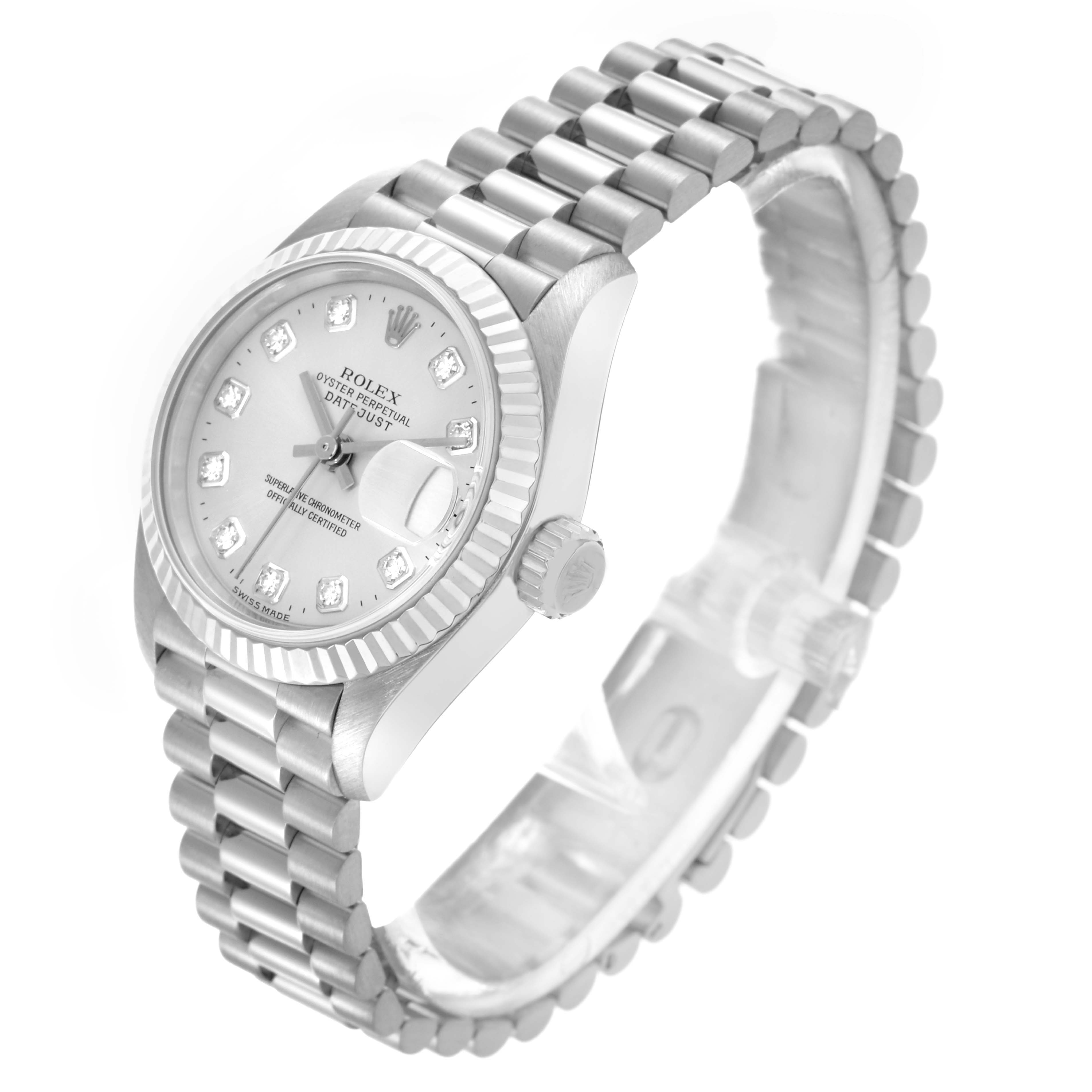 The Rolex President 79179 Women's White Gold Silver Dial 79179 Women's White Gold Silver Dial model is shown at a three-quarter angle, displaying the dial, bezel, crown, and bracelet clearly.