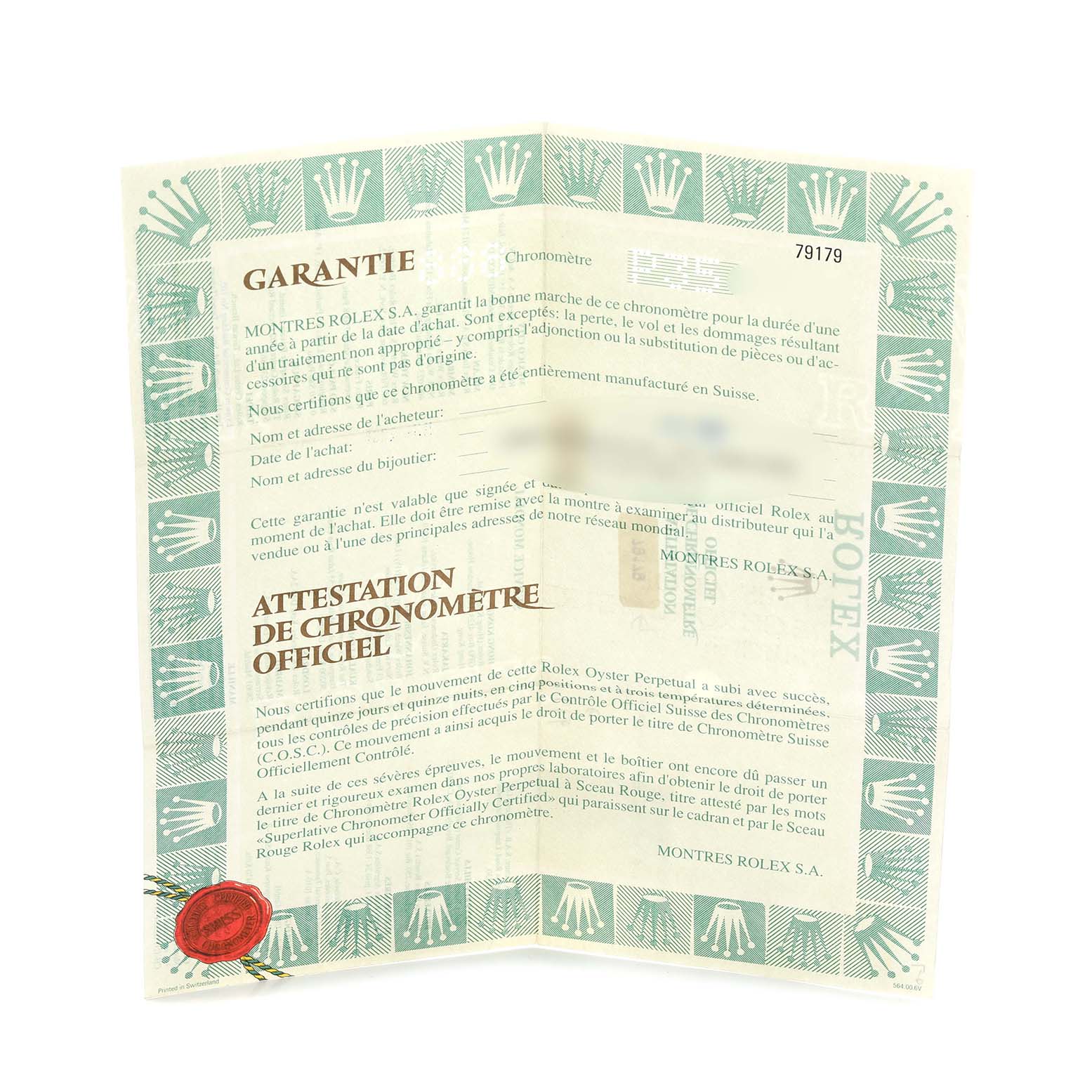 The image shows the guarantee and official chronometer certification for the Rolex President 79179 Women's White Gold Silver Dial 79179 Women's White Gold Silver Dial model, displayed unfolded.