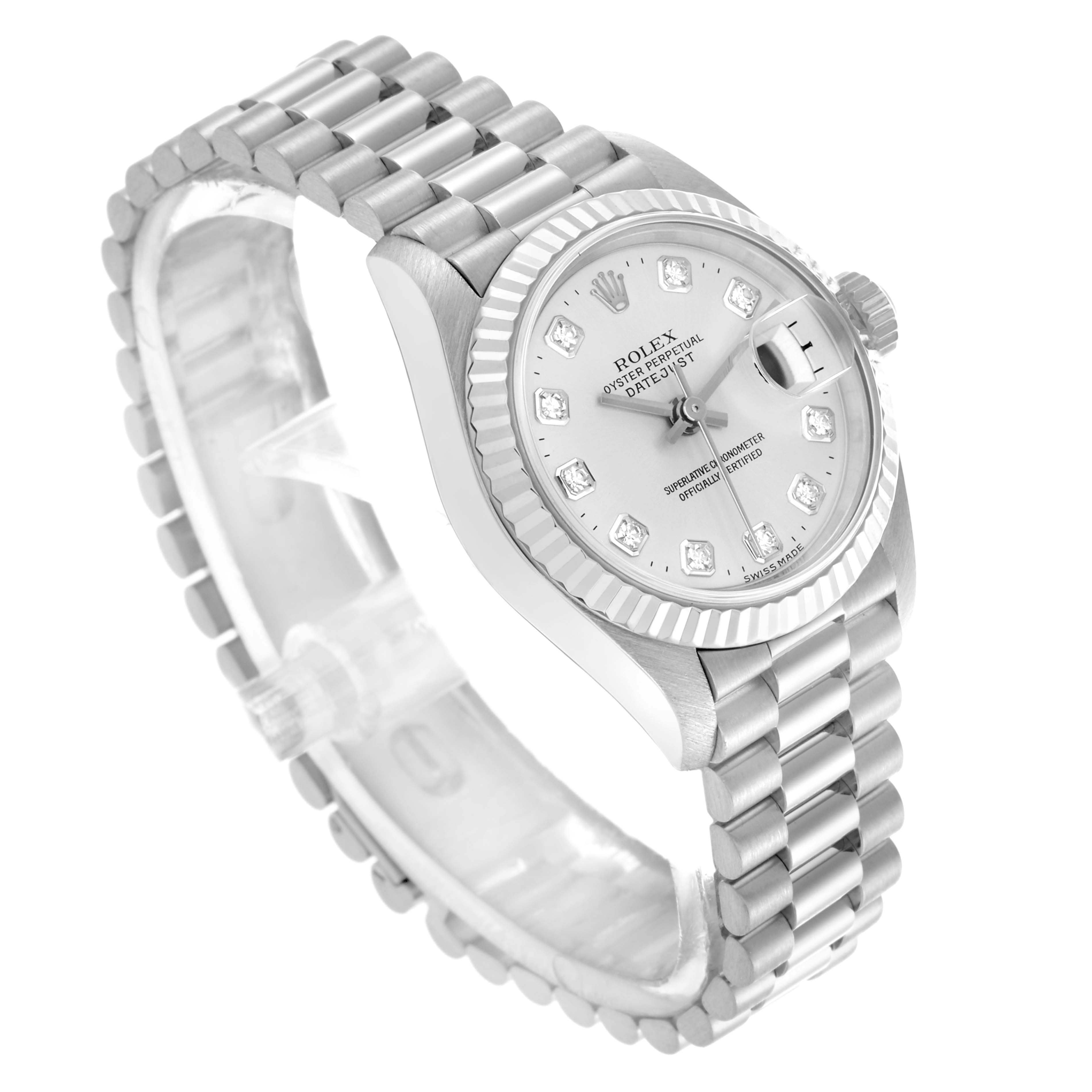 The Rolex President 79179 Women's White Gold Silver Dial 79179 Women's White Gold Silver Dial model watch is shown at a slight angled view, highlighting its face, bezel, and bracelet.