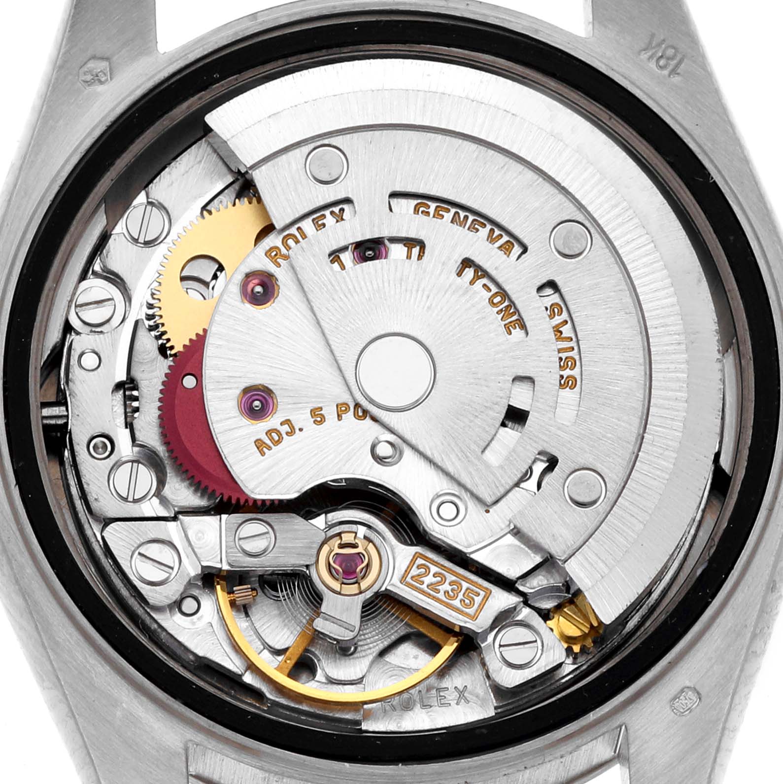 The image shows the open case back of a Rolex President 79179 Women's White Gold Silver Dial 79179 Women's White Gold Silver Dial model, revealing its intricate mechanical movement and rotor.