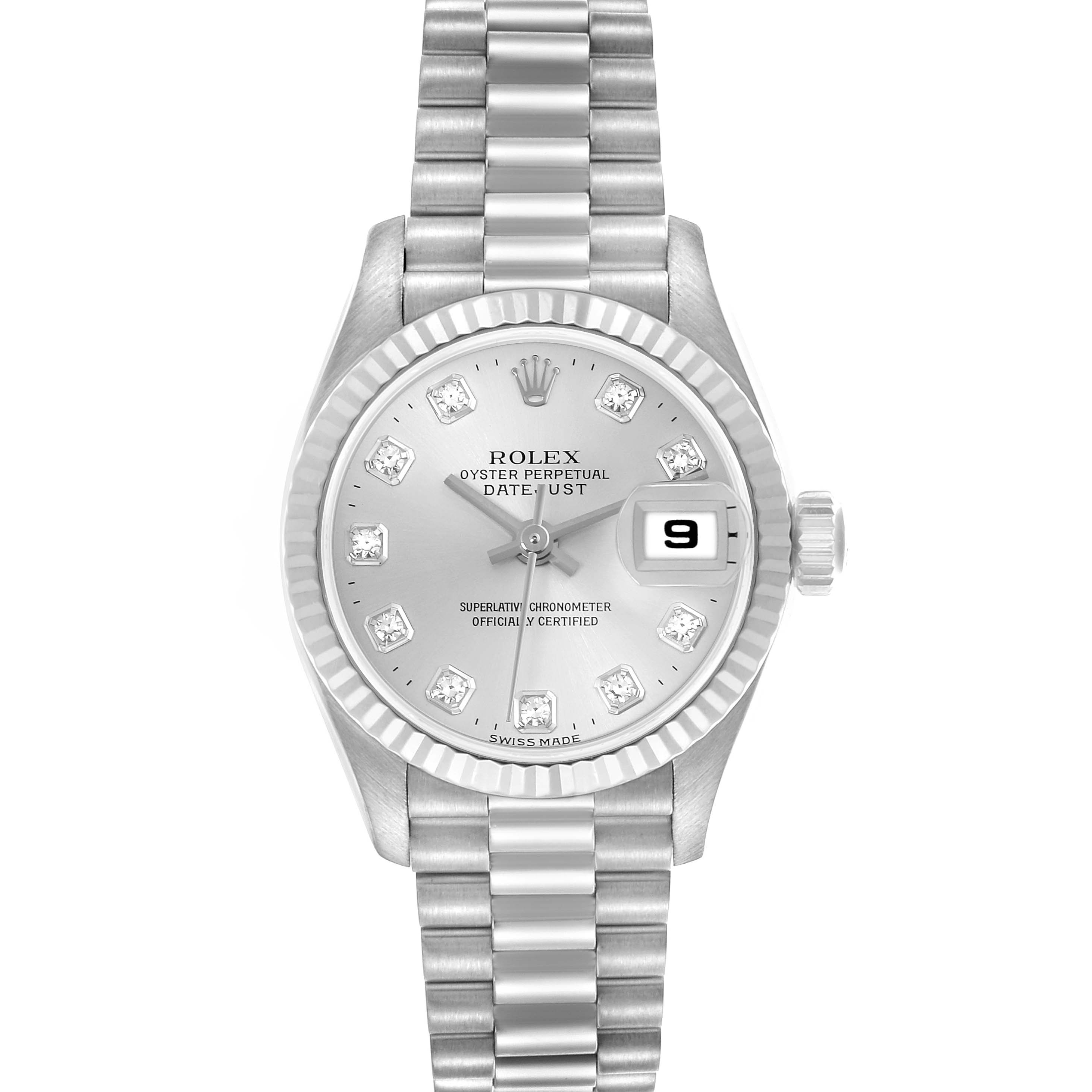The Rolex President 79179 Women's White Gold Silver Dial 79179 Women's White Gold Silver Dial watch is shown from a top-down angle, highlighting its face, bezel, markers, and bracelet.