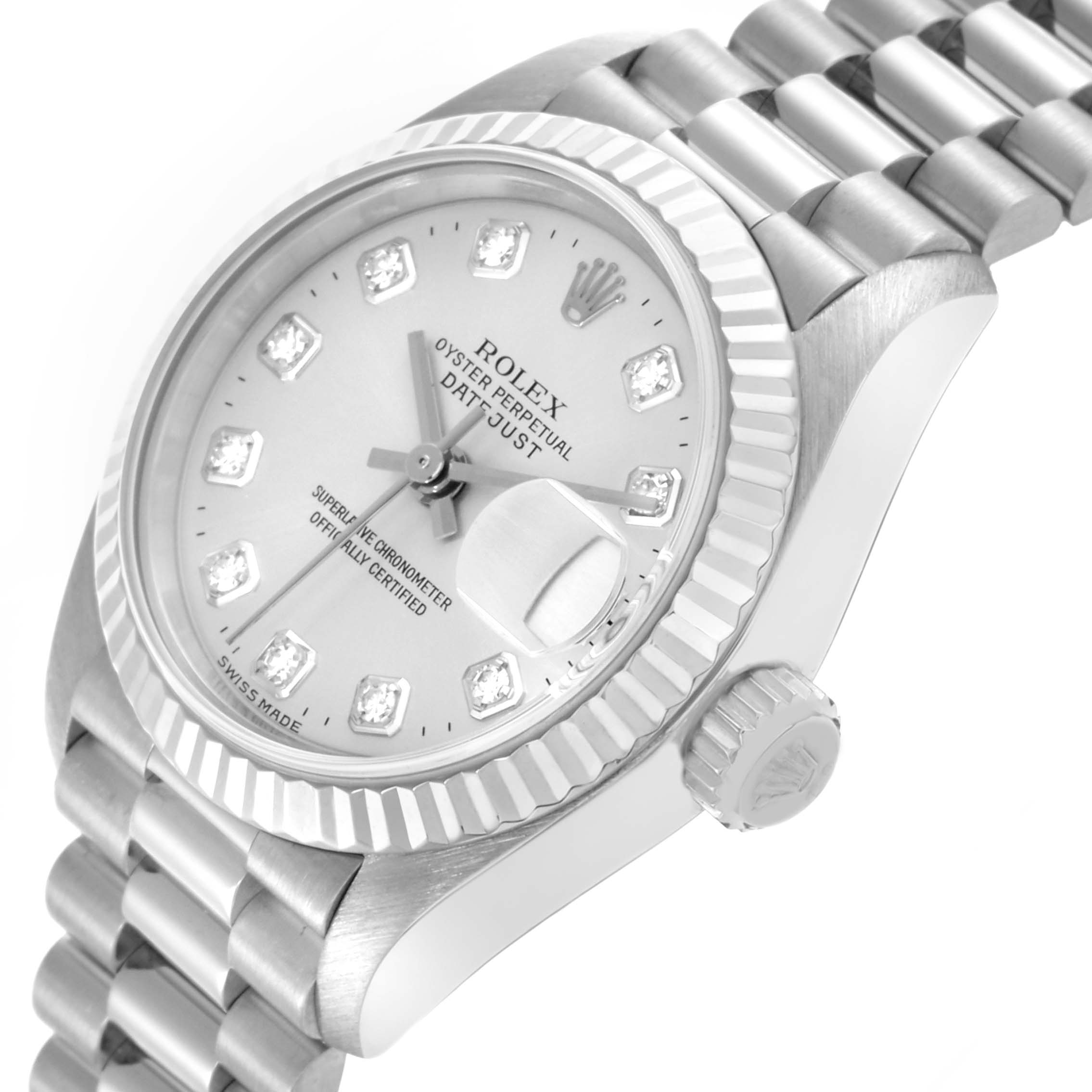 The Rolex President 79179 Women's White Gold Silver Dial 79179 Women's White Gold Silver Dial watch is shown at a slight angle, highlighting the dial, bezel, crown, and part of the bracelet.