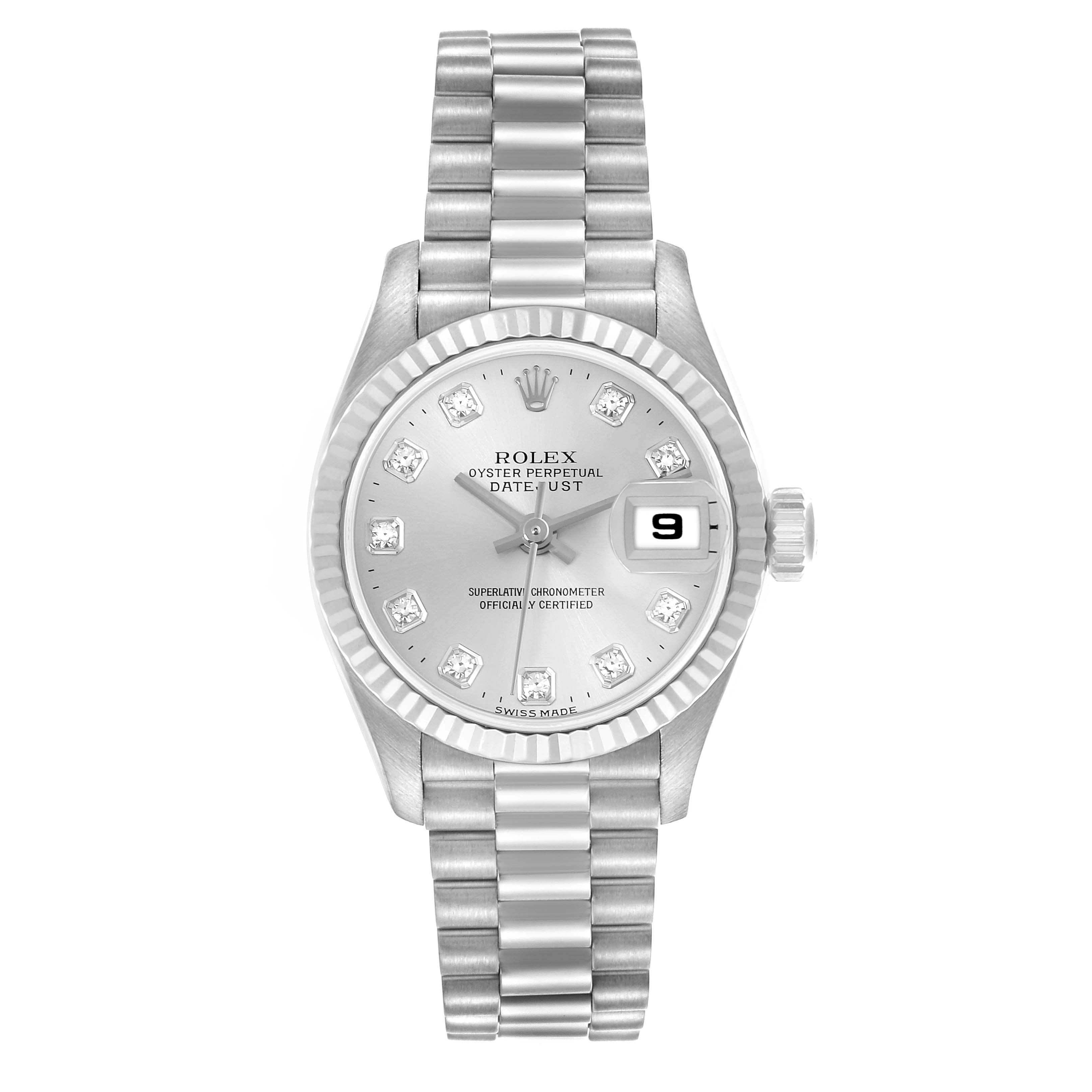 The Rolex President 79179 Women's White Gold Silver Dial 79179 Women's White Gold Silver Dial model watch is shown from a front angle, displaying the face, bezel, and bracelet.