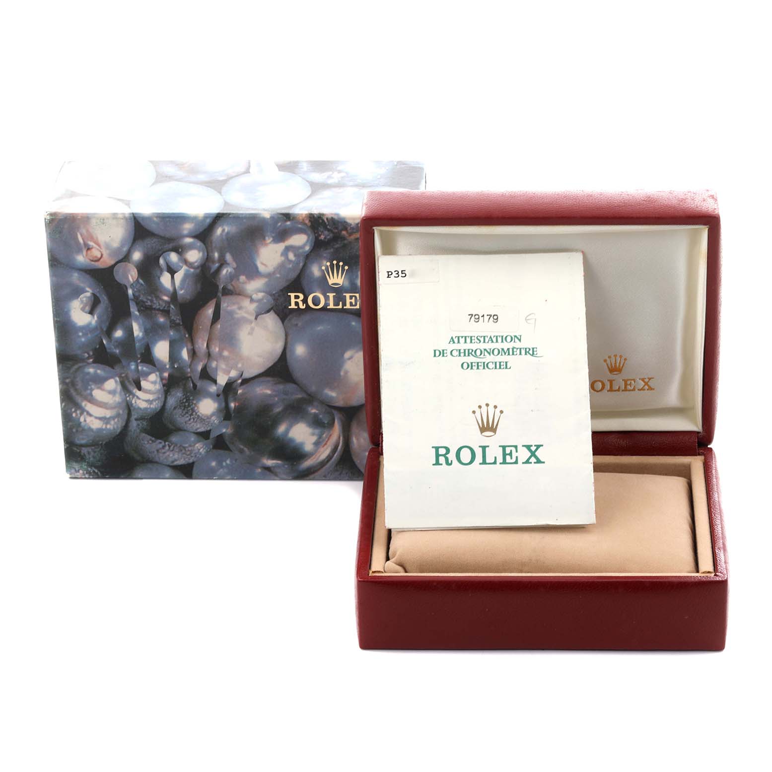 The image shows a Rolex President 79179 Women's White Gold Silver Dial 79179 Women's White Gold Silver Dial model watch box with paperwork, featuring the outer box and inner leather case.