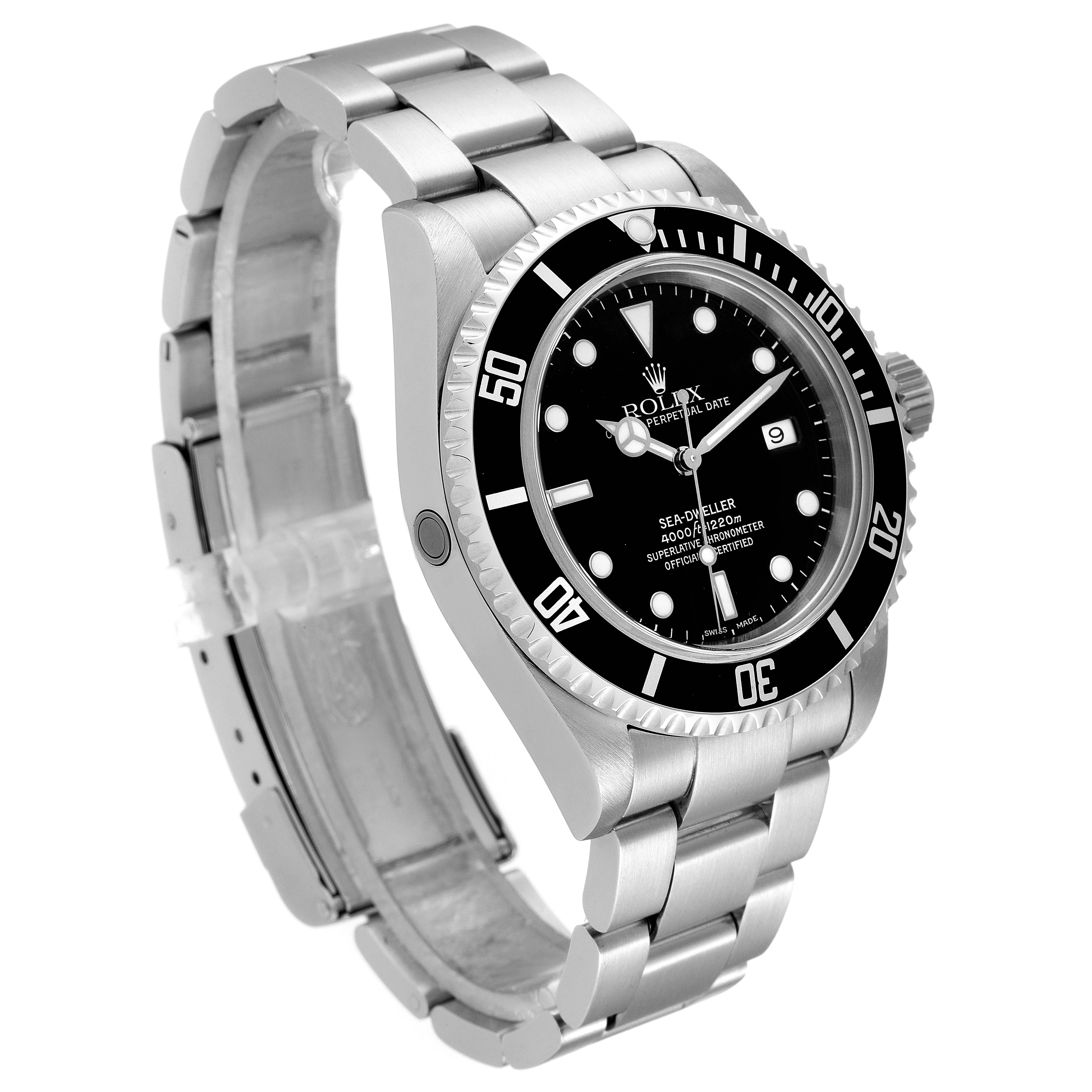 The image shows a Rolex Sea-Dweller 16600 Men
s Stainless Steel Black Dial 16600 Men
s Stainless Steel Black Dial watch, highlighting the face, bezel, and bracelet from an angled side view.