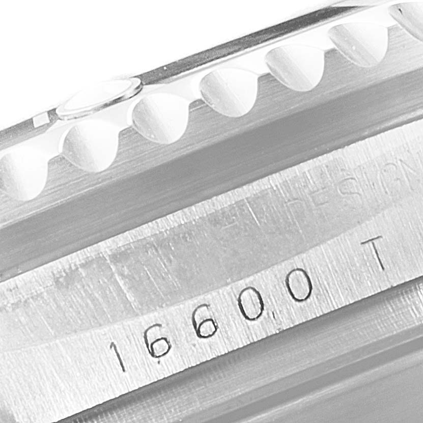 This image shows a close-up angle of the Rolex Sea-Dweller 16600 Men
s Stainless Steel Black Dial 16600 Men
s Stainless Steel Black Dial
s case with the model number 16600 inscribed.