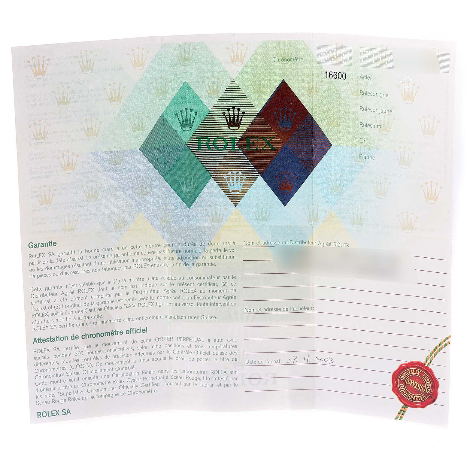 The image shows a warranty card for the Rolex Sea-Dweller 16600 Men
s Stainless Steel Black Dial 16600 Men
s Stainless Steel Black Dial model, displaying brand logos and purchase details.