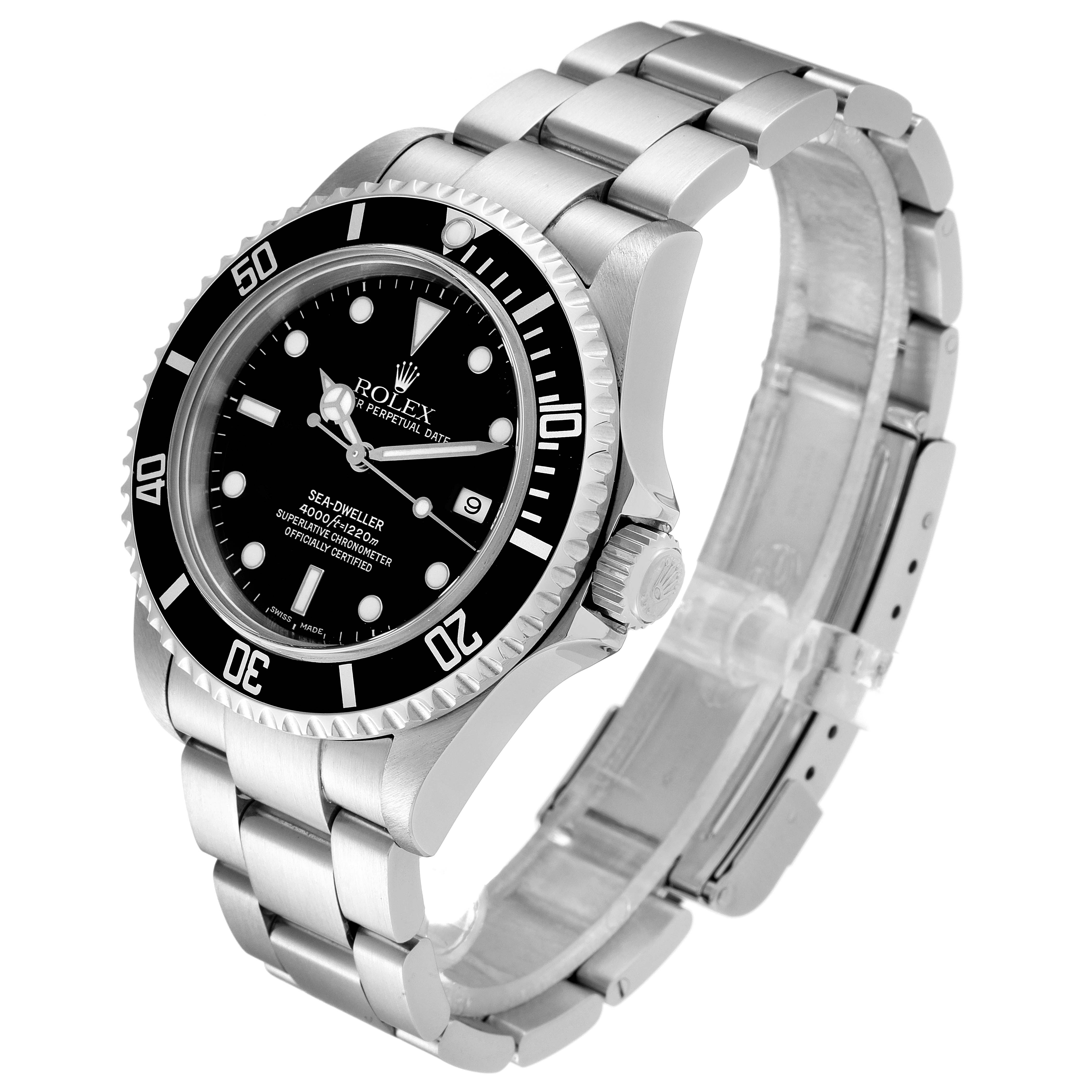 This image shows a Rolex Sea-Dweller 16600 Men
s Stainless Steel Black Dial 16600 Men
s Stainless Steel Black Dial watch at a three-quarter angle, highlighting its face, bezel, bracelet, and clasp.