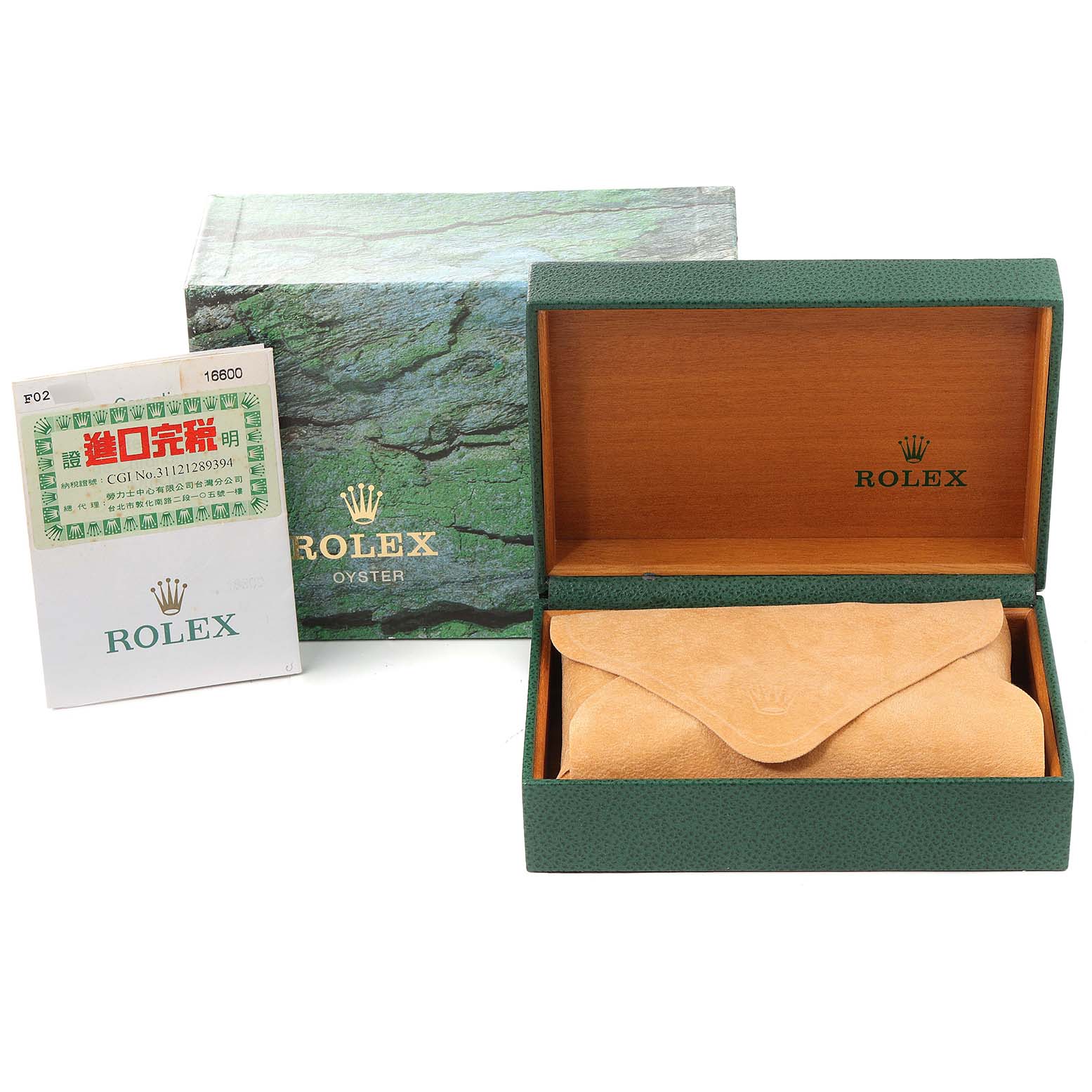 The image shows a green Rolex Sea-Dweller 16600 Men
s Stainless Steel Black Dial 16600 Men
s Stainless Steel Black Dial box, an outer box, a certificate, and a leather pouch from an overhead angle.