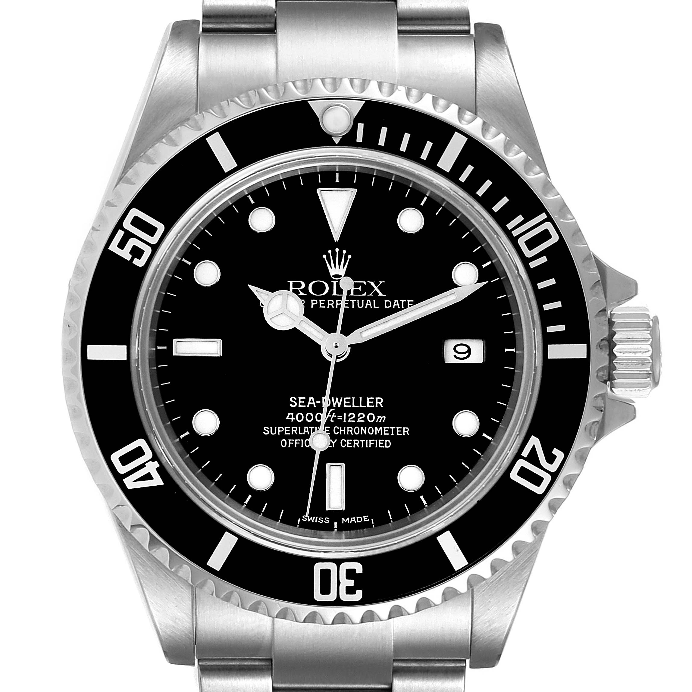 This image shows a front view of the Rolex Sea-Dweller 16600 Men
s Stainless Steel Black Dial 16600 Men
s Stainless Steel Black Dial watch, highlighting its face, bezel, and part of the bracelet.