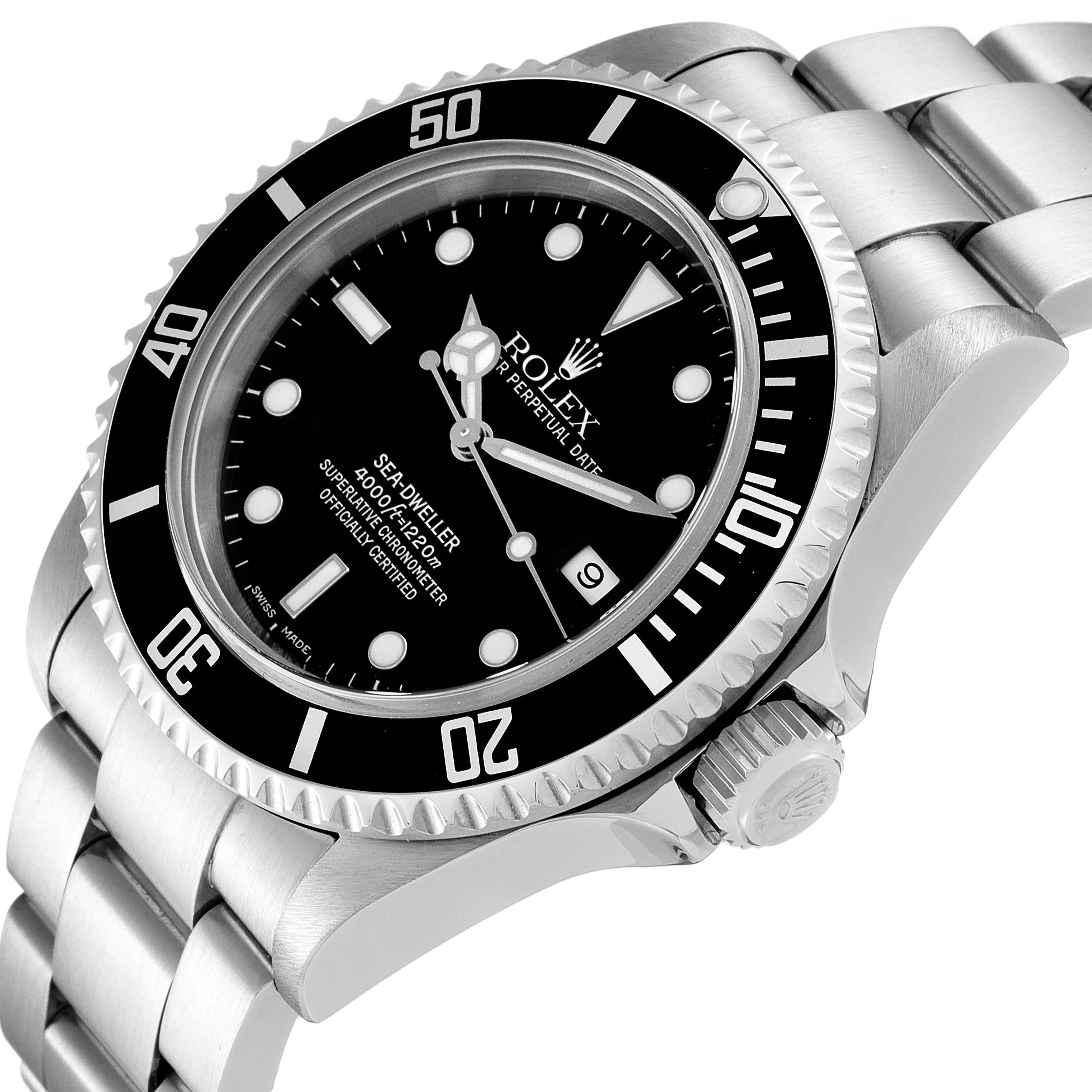 The image shows a close-up angle of the Rolex Sea-Dweller 16600 Men
s Stainless Steel Black Dial 16600 Men
s Stainless Steel Black Dial watch face, bezel, crown, and part of the bracelet.