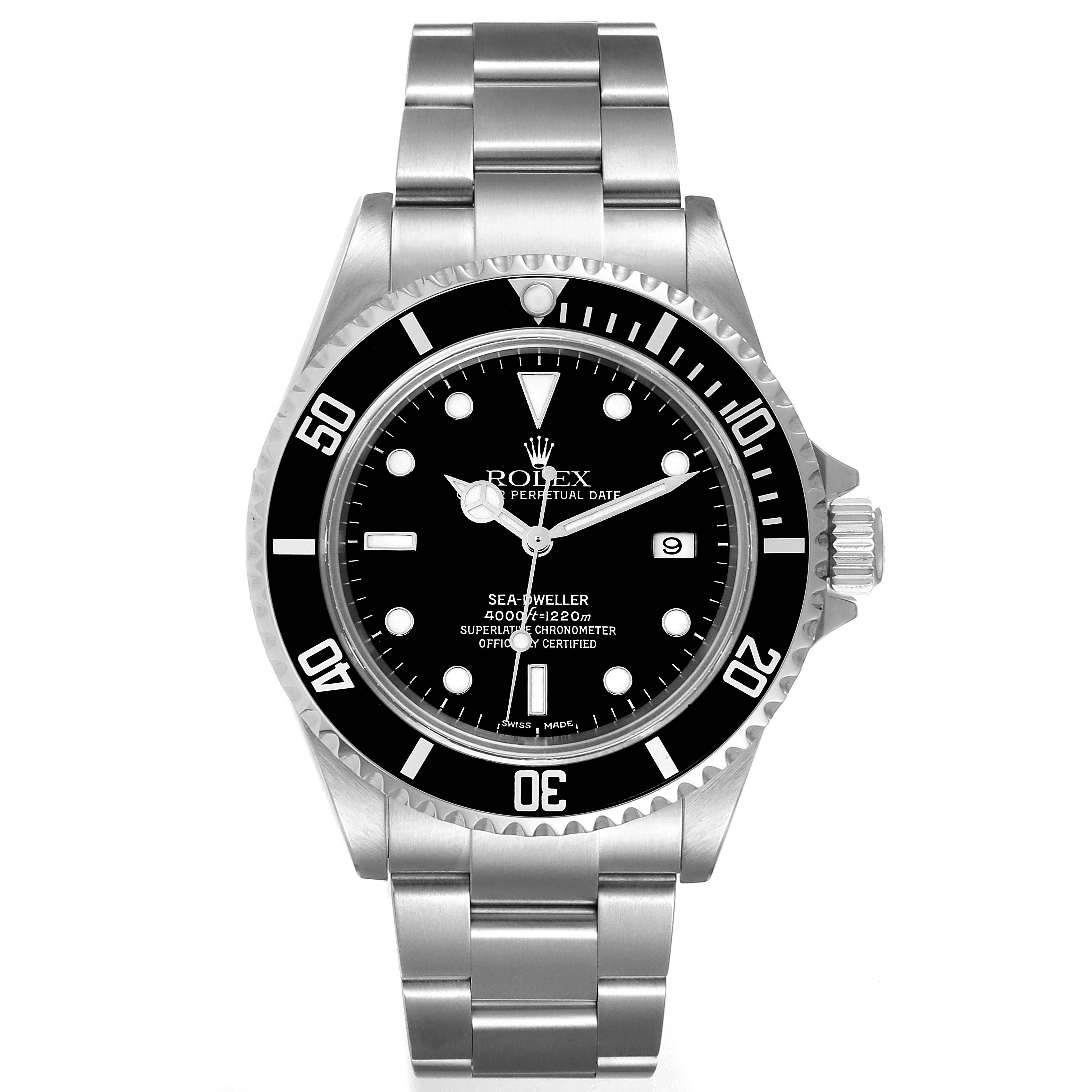 The image shows a front view of a Rolex Sea-Dweller 16600 Men
s Stainless Steel Black Dial 16600 Men
s Stainless Steel Black Dial watch, displaying its dial, bezel, and bracelet.