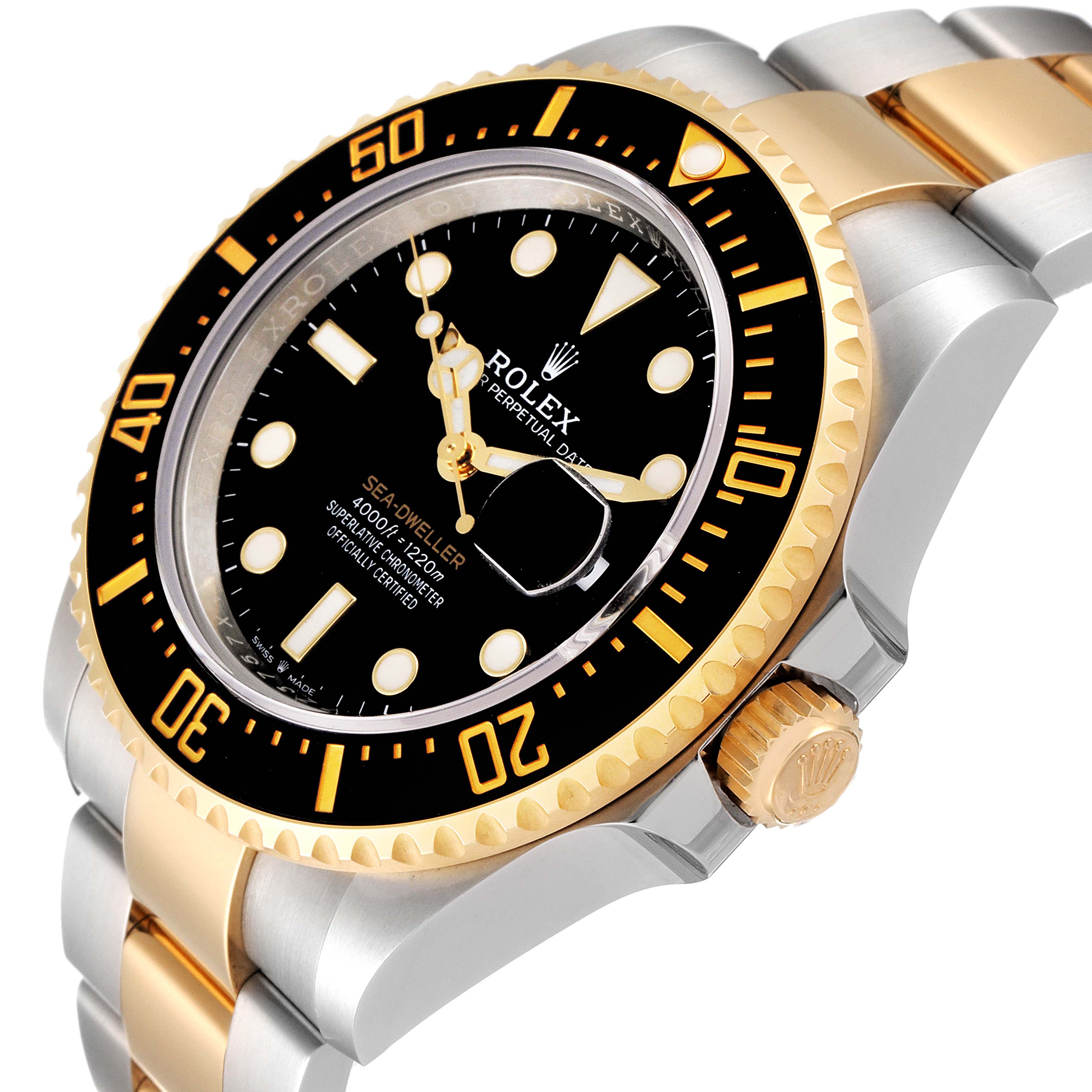 The image shows an angled side view of a Rolex Sea-Dweller 126603 Men
s Steel and Gold (two tone) Black Dial 126603 Men
s Steel and Gold (two tone) Black Dial, highlighting the bezel, dial, crown, and bracelet.