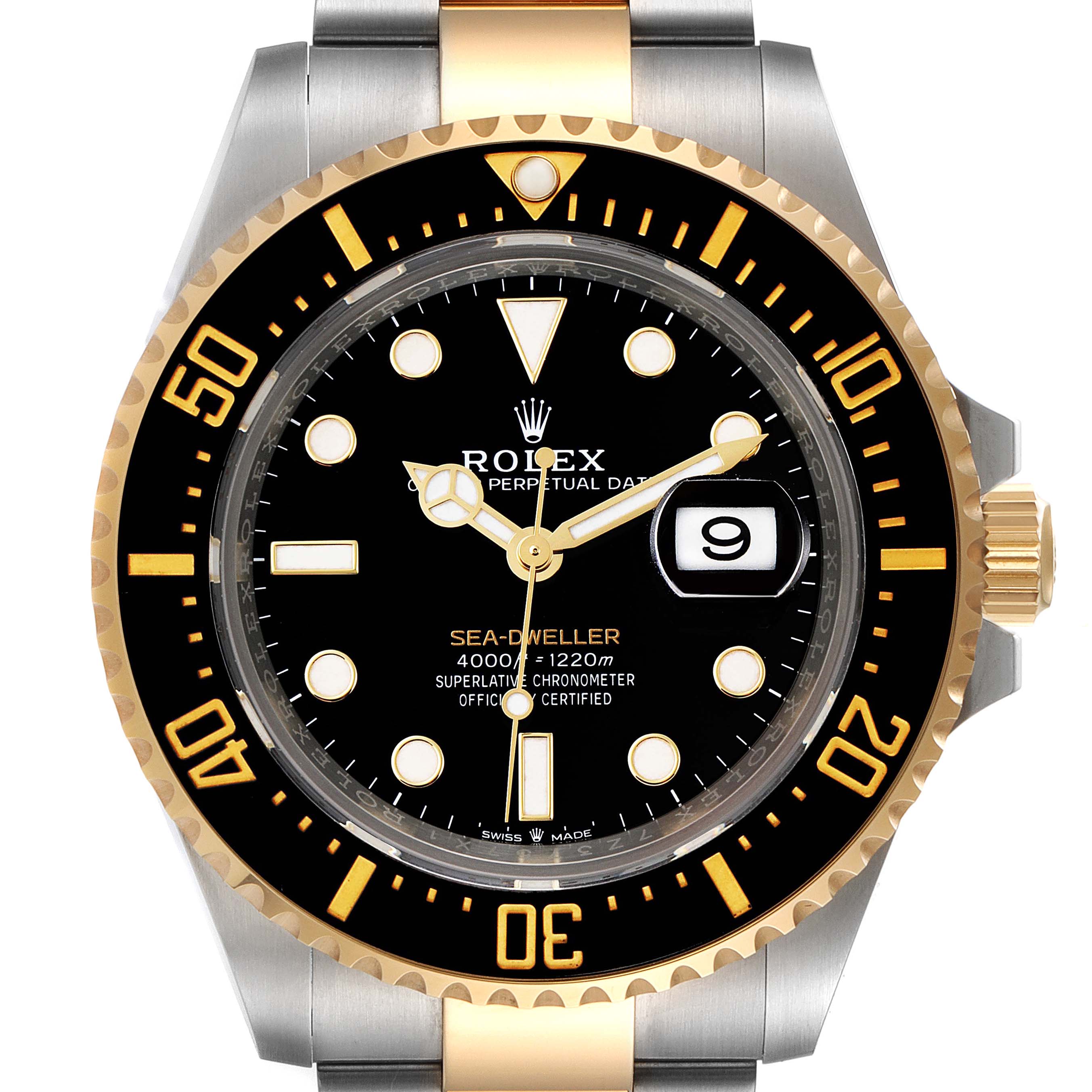 The image shows a frontal view of the Rolex Sea-Dweller 126603 Men
s Steel and Gold (two tone) Black Dial 126603 Men
s Steel and Gold (two tone) Black Dial watch, highlighting the bezel, dial, crown, and bracelet.