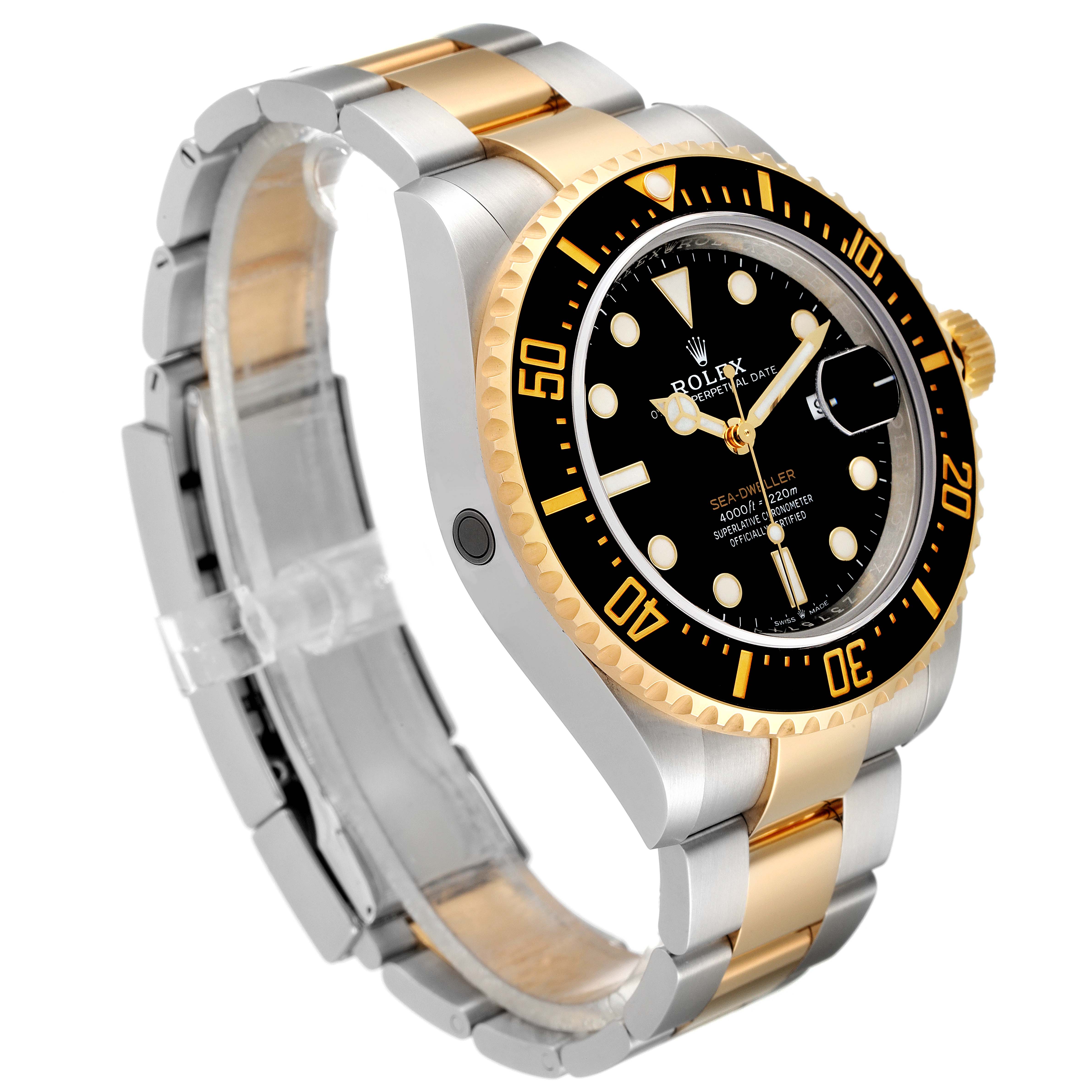 The image shows a side-angle view of a Rolex Sea-Dweller 126603 Men
s Steel and Gold (two tone) Black Dial 126603 Men
s Steel and Gold (two tone) Black Dial watch, highlighting its two-tone bracelet, black dial, and bezel.