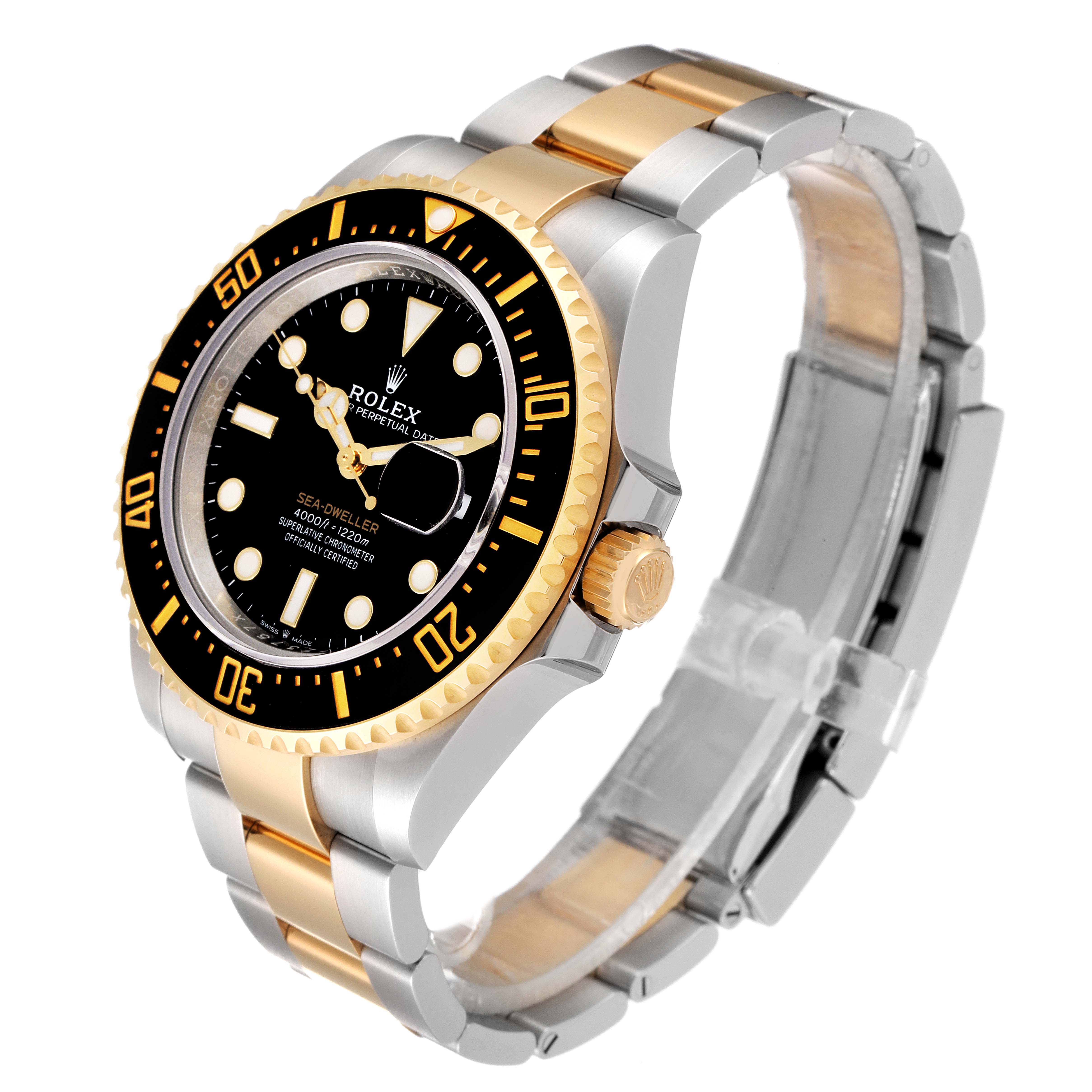 This image shows a Rolex Sea-Dweller 126603 Men
s Steel and Gold (two tone) Black Dial 126603 Men
s Steel and Gold (two tone) Black Dial watch at a three-quarter angle, highlighting the face, bezel, crown, and two-tone bracelet.