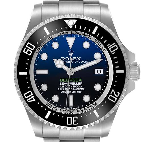 The Rolex Sea-Dweller is shown from the front, displaying the dial, bezel, hands, and part of the bracelet.