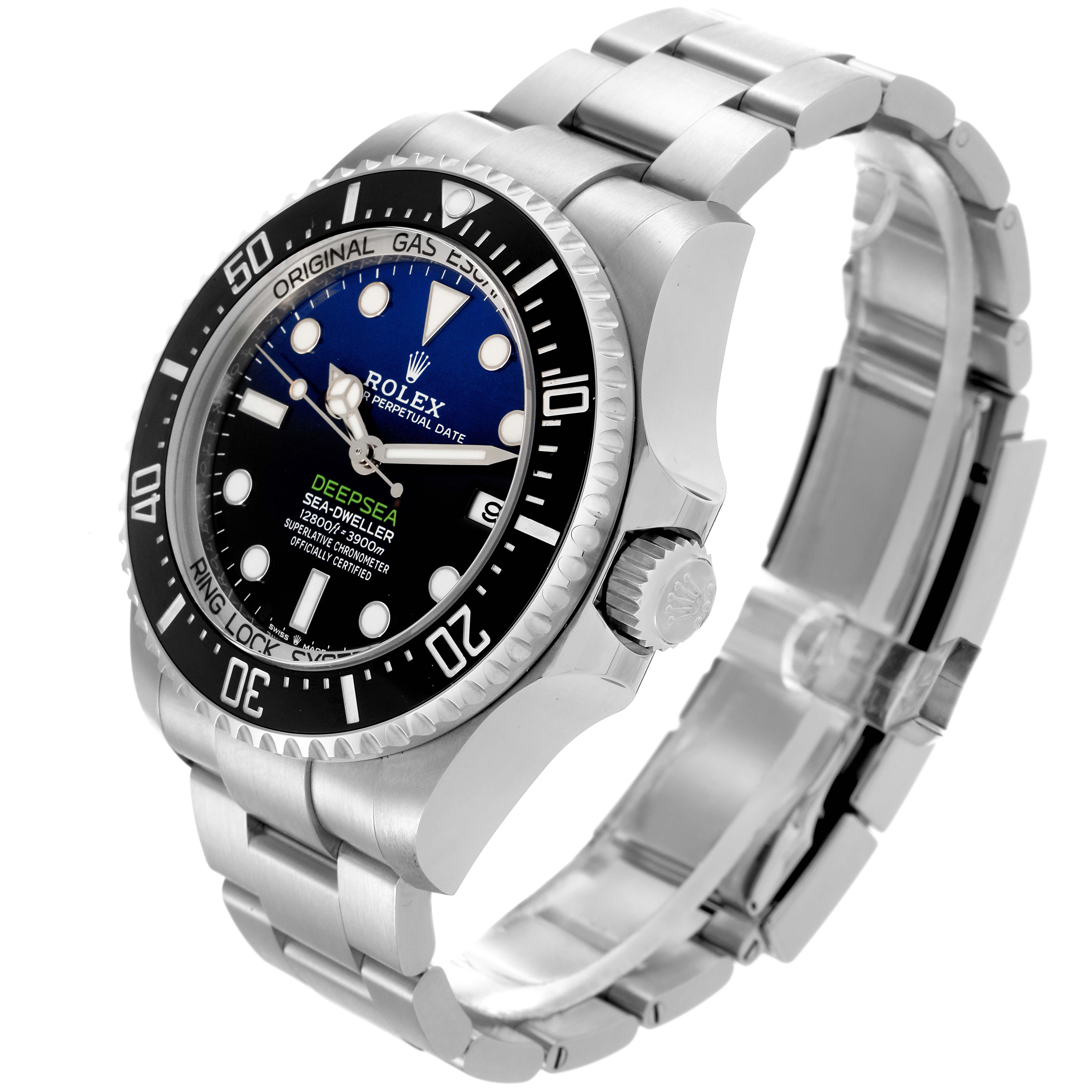 The Rolex Sea-Dweller 136660 Men's Stainless Steel Black Dial 136660 Men's Stainless Steel Black Dial watch is shown at an angled side view, highlighting the bezel, face, crown, and part of the bracelet.