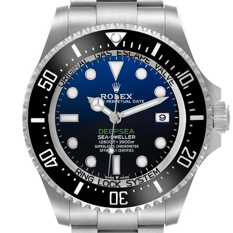 The Rolex Sea-Dweller watch is shown from the front, highlighting the dial, bezel, crown, and part of the bracelet.