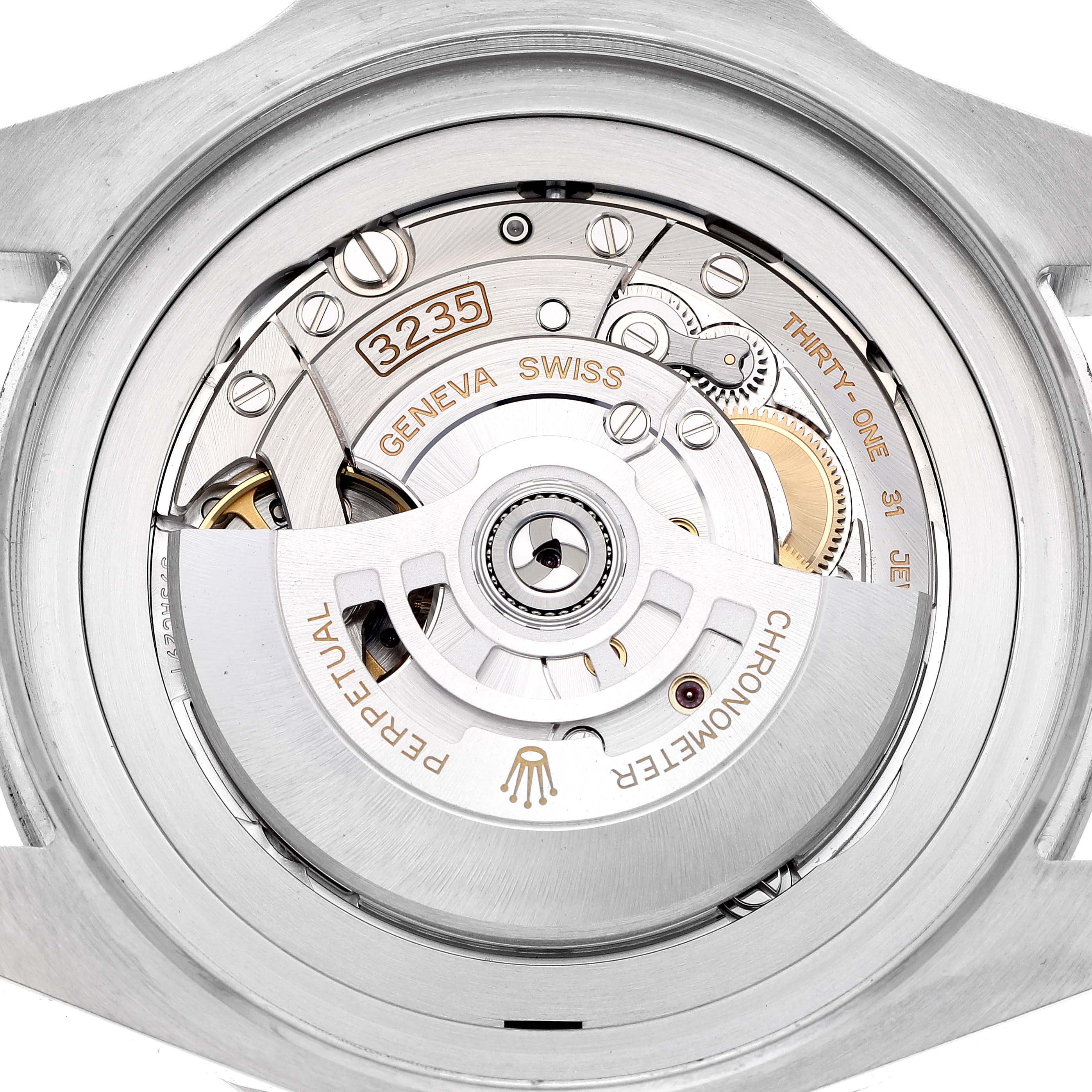 The image shows a Rolex Sea-Dweller 136660 Men's Stainless Steel Black Dial 136660 Men's Stainless Steel Black Dial's case back with an exposed movement, displaying the rotor and intricate mechanisms.