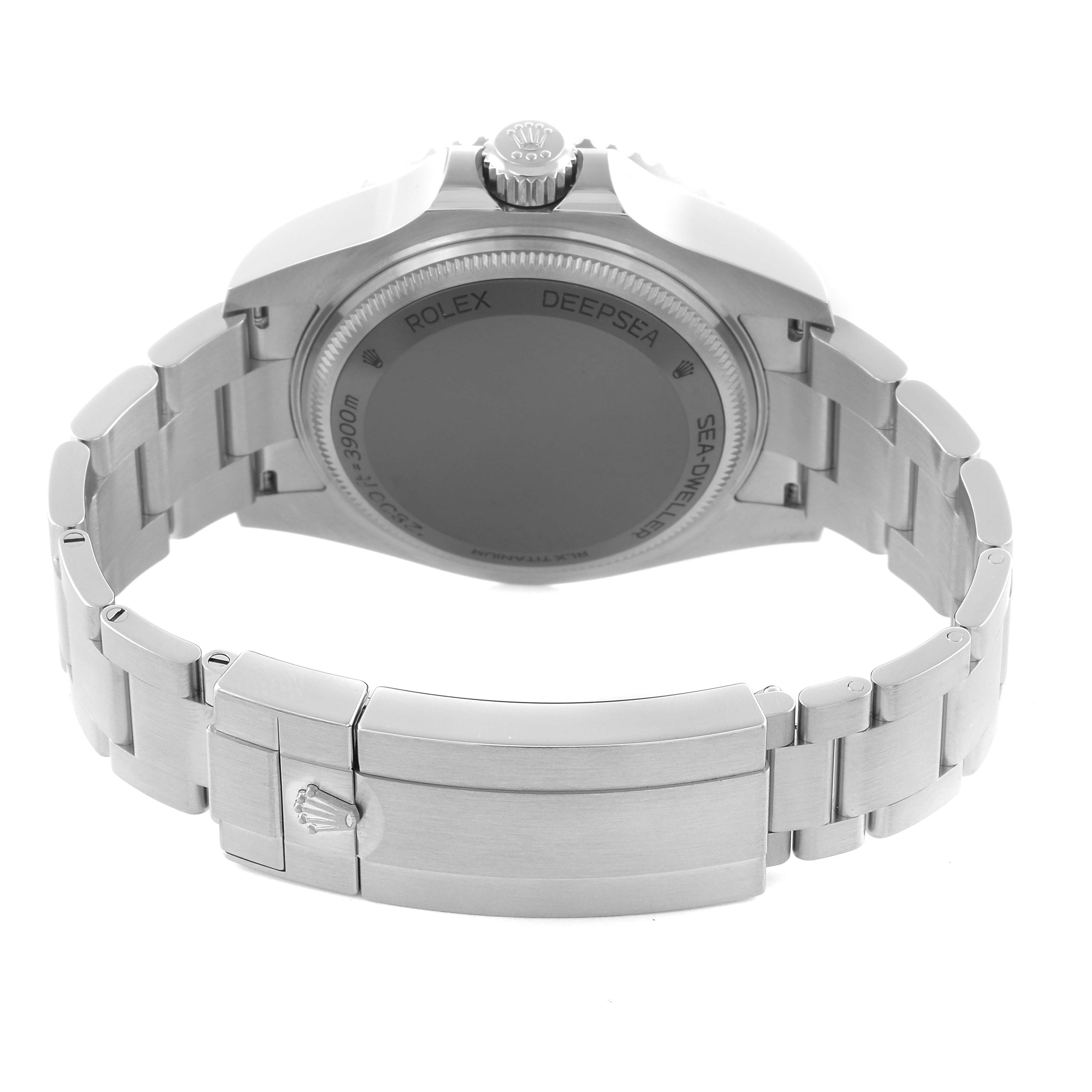 The Rolex Sea-Dweller 136660 Men's Stainless Steel Black Dial 136660 Men's Stainless Steel Black Dial watch is shown from the back, highlighting the case back, bracelet, and clasp.