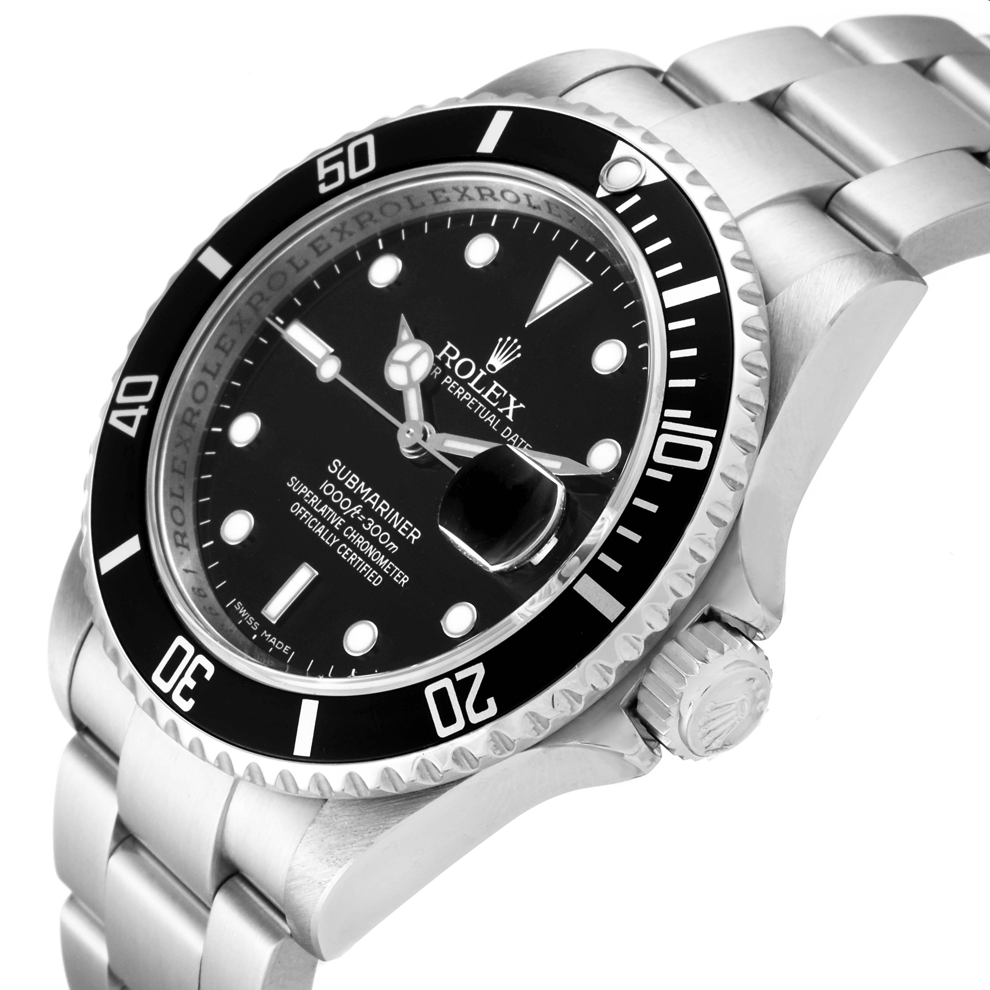 The image shows a Rolex Submariner 16610 Men's Stainless Steel Black Dial 16610 Men's Stainless Steel Black Dial watch at an angle highlighting the face, bezel, crown, and part of the bracelet.