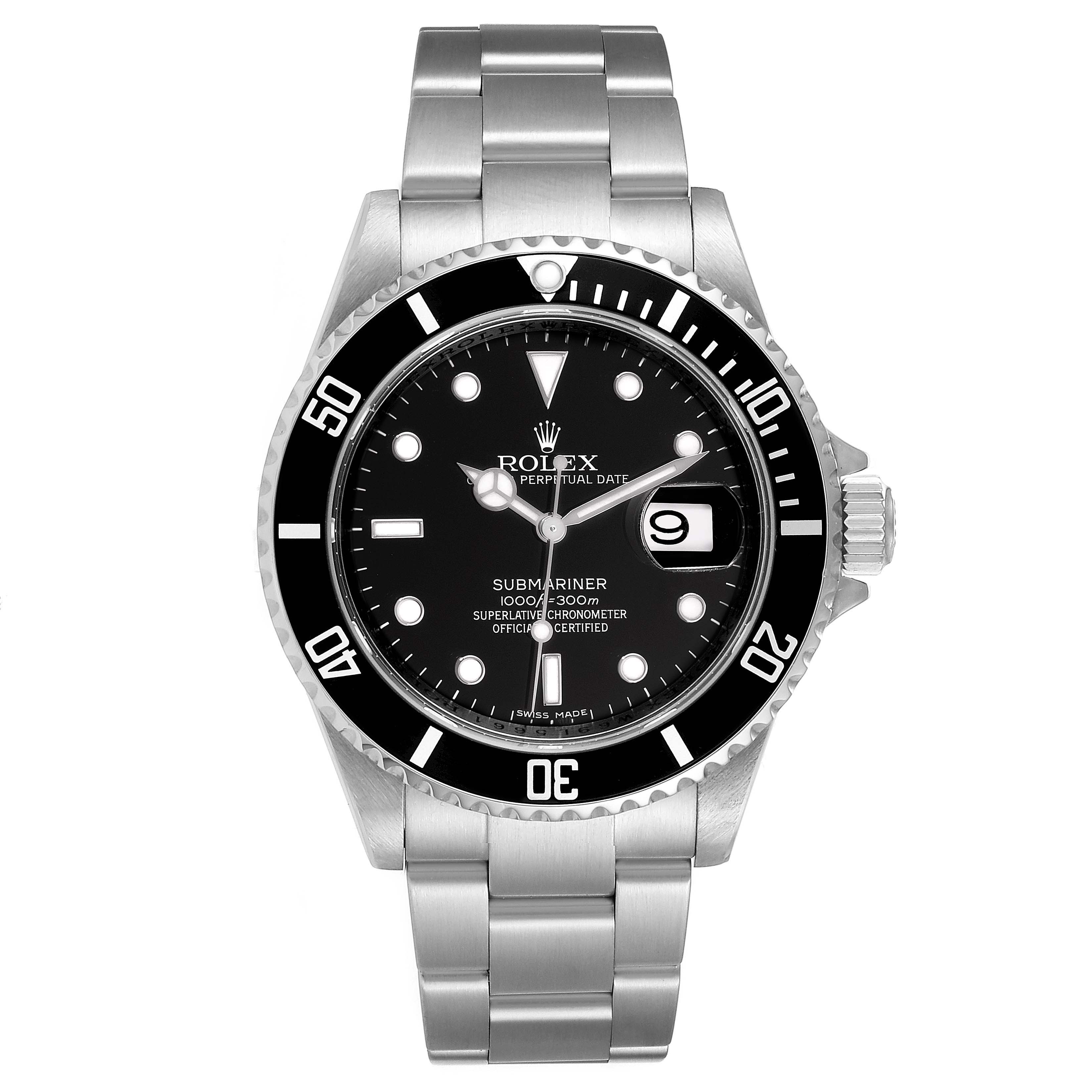 The image shows a front view of a Rolex Submariner 16610 Men's Stainless Steel Black Dial 16610 Men's Stainless Steel Black Dial watch, displaying its dial, bezel, and stainless steel bracelet.