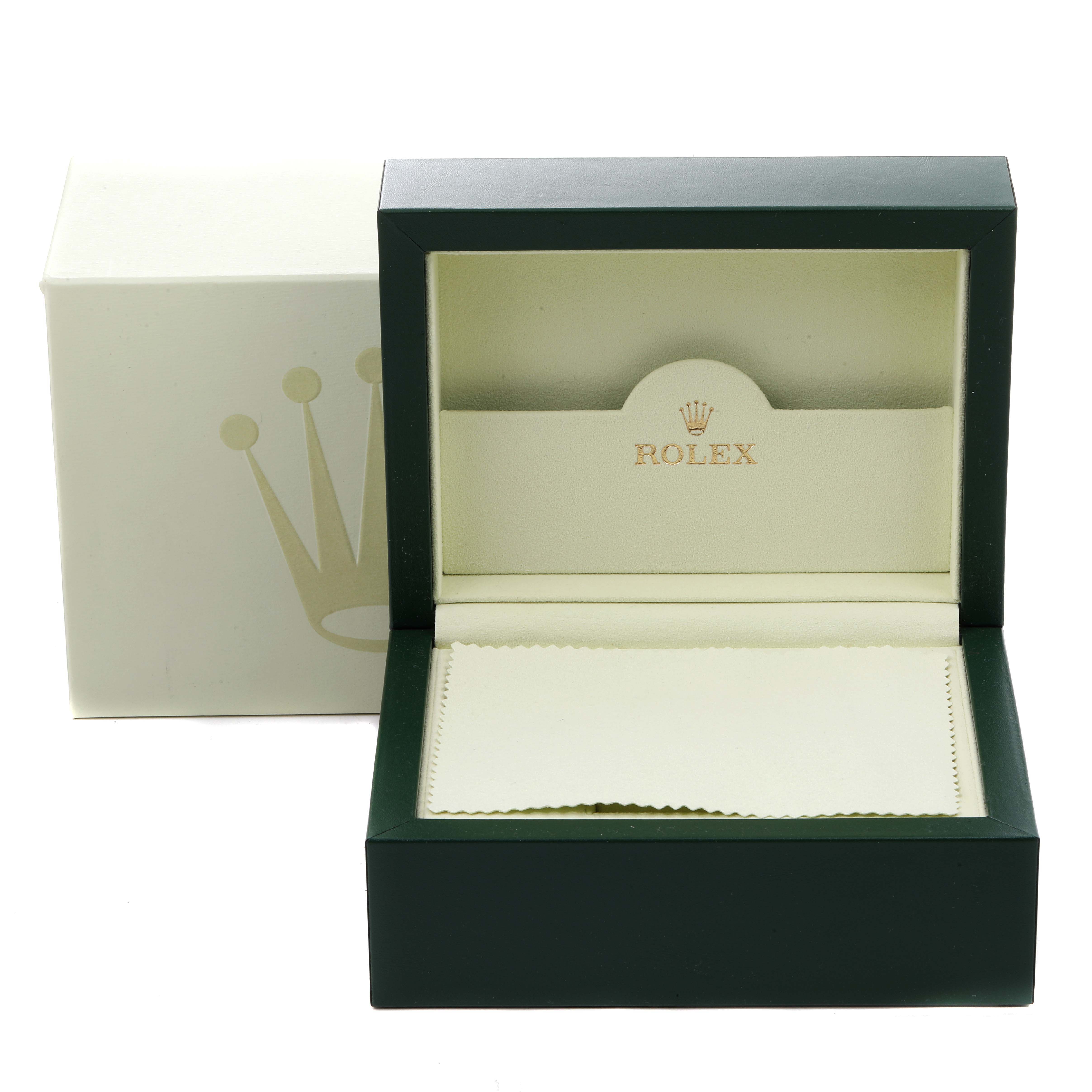 The image shows an open Rolex Submariner 16610 Men's Stainless Steel Black Dial 16610 Men's Stainless Steel Black Dial watch box and accessories from a straight-on angle.