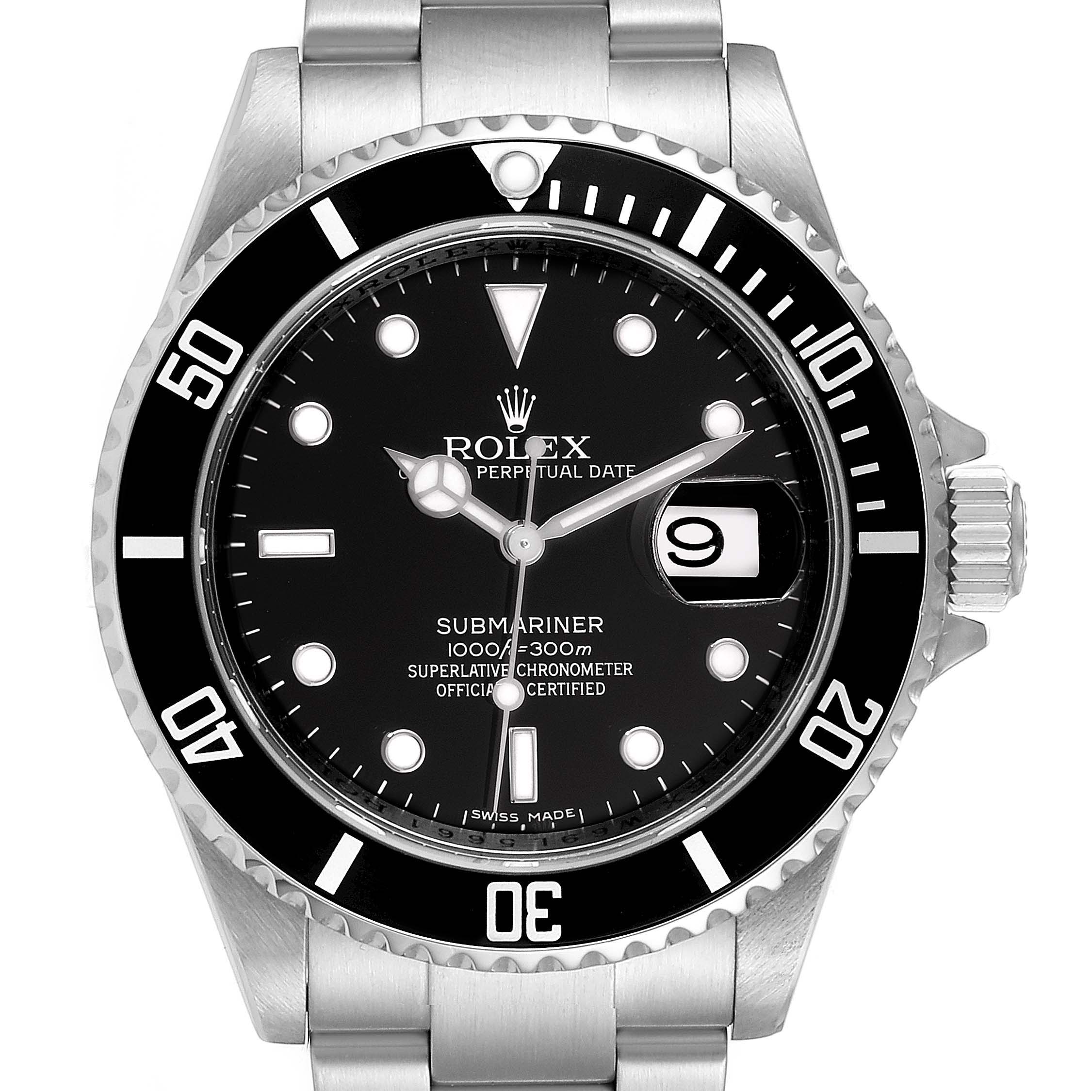 The image shows a front view of the Rolex Submariner 16610 Men's Stainless Steel Black Dial 16610 Men's Stainless Steel Black Dial, highlighting the dial, bezel, date window, and part of the bracelet.