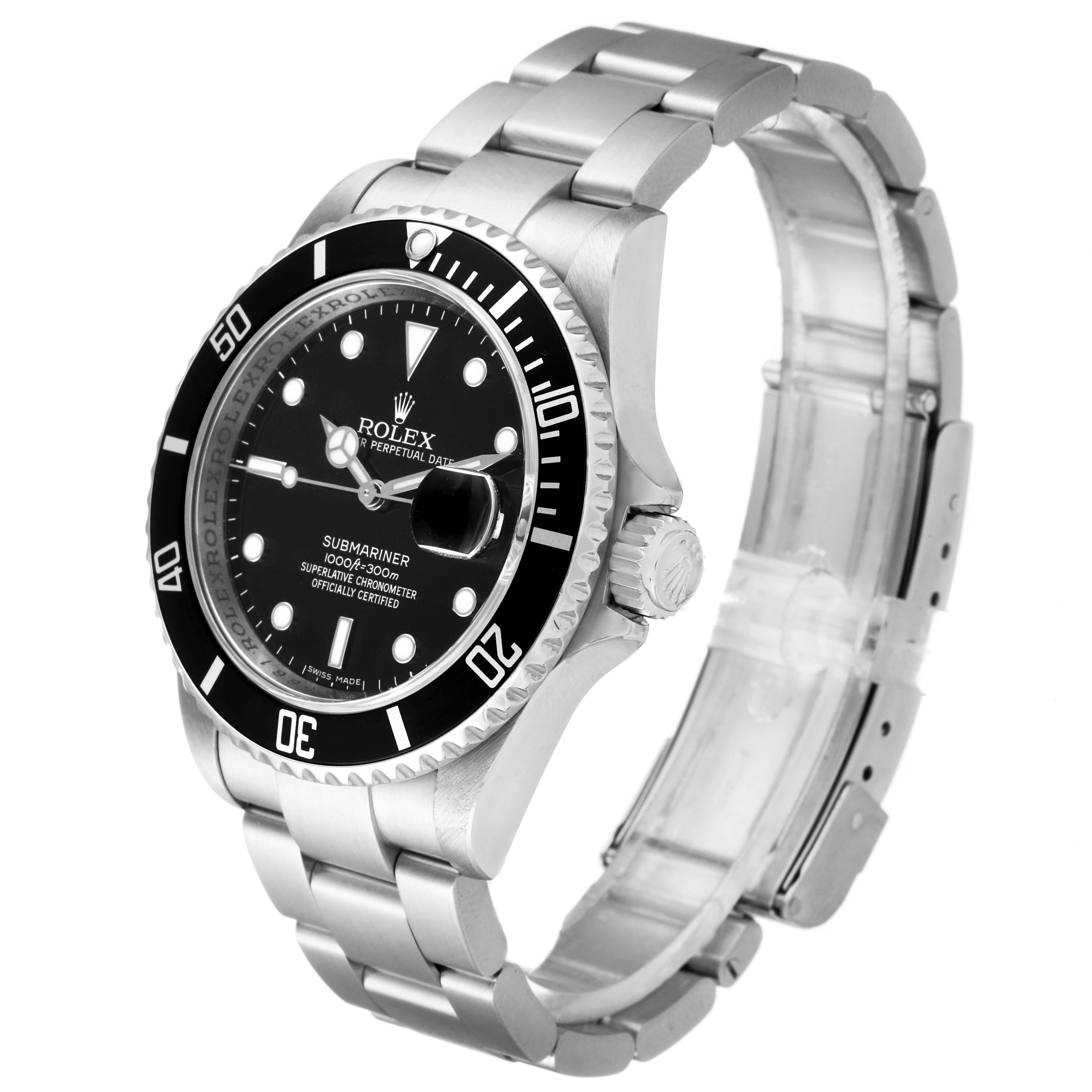 The image shows a Rolex Submariner 16610 Men's Stainless Steel Black Dial 16610 Men's Stainless Steel Black Dial watch at an angled side view, displaying its dial, bezel, bracelet, and clasp.