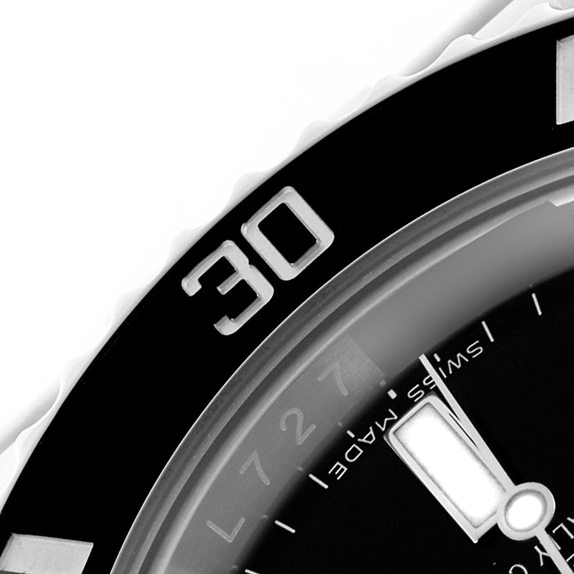 The image shows a close-up of the bezel and part of the dial of a Rolex Submariner 116610LN-0001 Men's Stainless Steel Black Dial 116610LN-0001 Men's Stainless Steel Black Dial, highlighting the "30" marker.