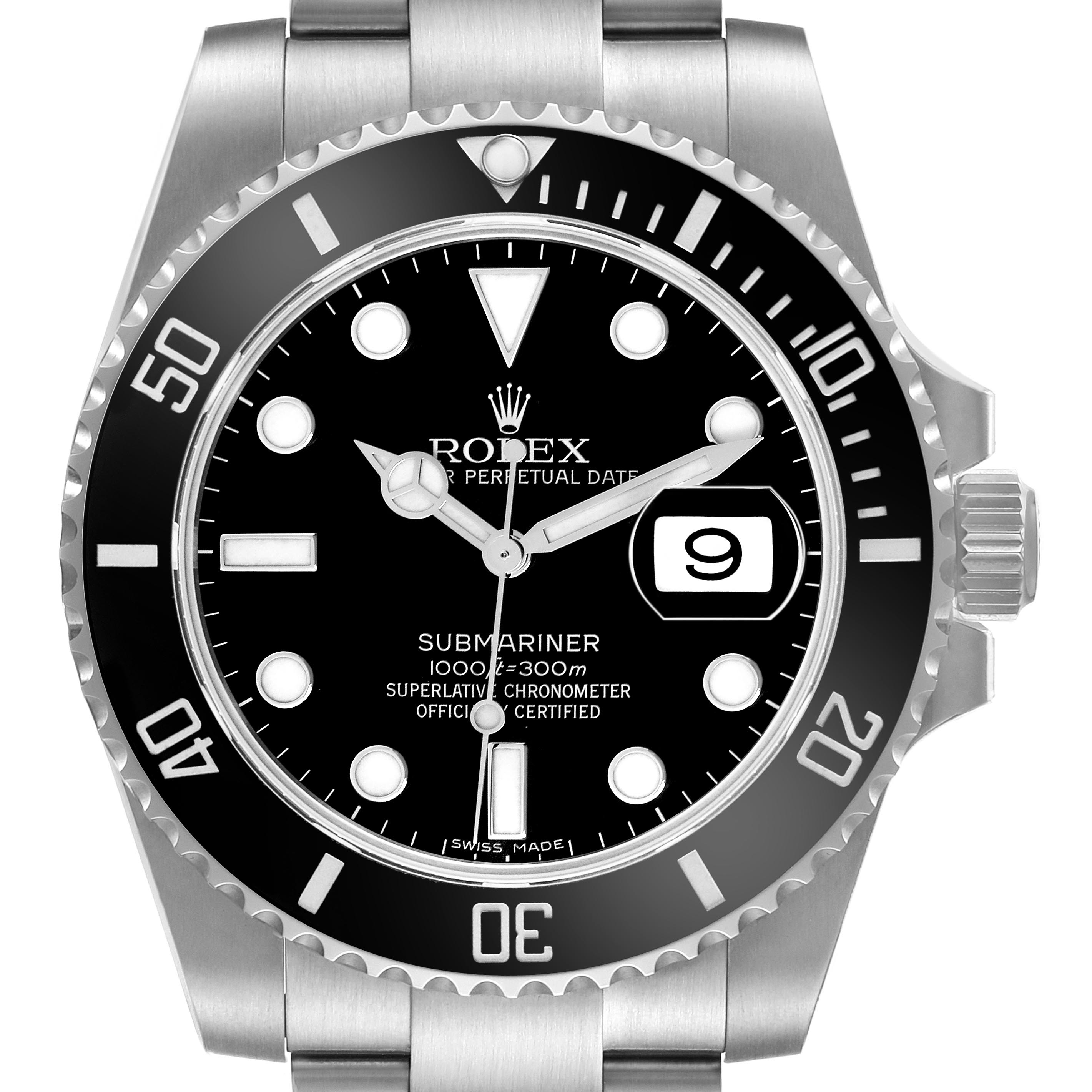The Rolex Submariner 116610LN-0001 Men's Stainless Steel Black Dial 116610LN-0001 Men's Stainless Steel Black Dial watch is shown from the front, highlighting the dial, bezel, and part of the bracelet.