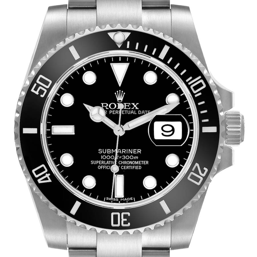 The Rolex Submariner watch is shown from the front, highlighting the dial, bezel, and part of the bracelet.