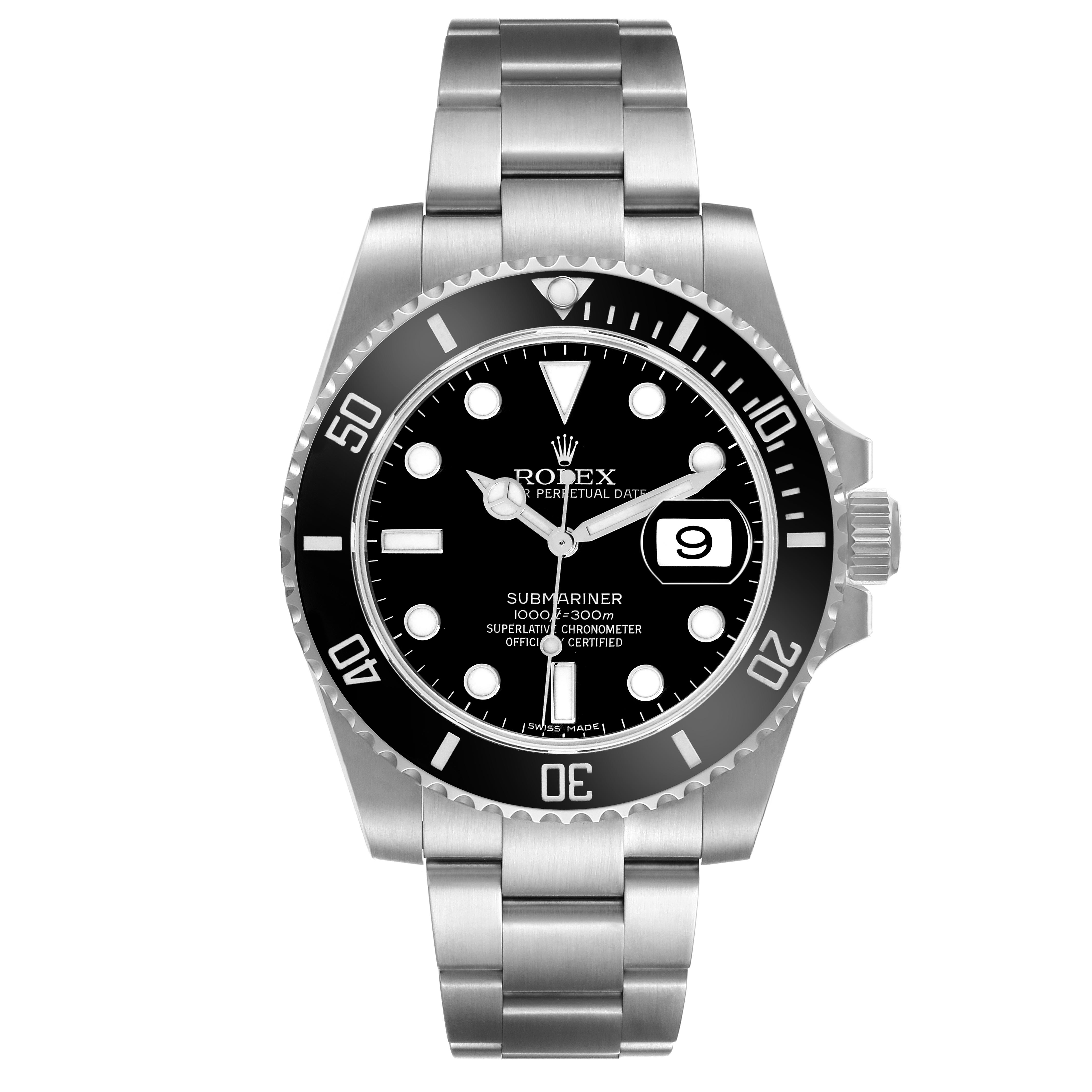 The image shows a front view of the Rolex Submariner 116610LN-0001 Men's Stainless Steel Black Dial 116610LN-0001 Men's Stainless Steel Black Dial watch, highlighting its bezel, dial, and bracelet.