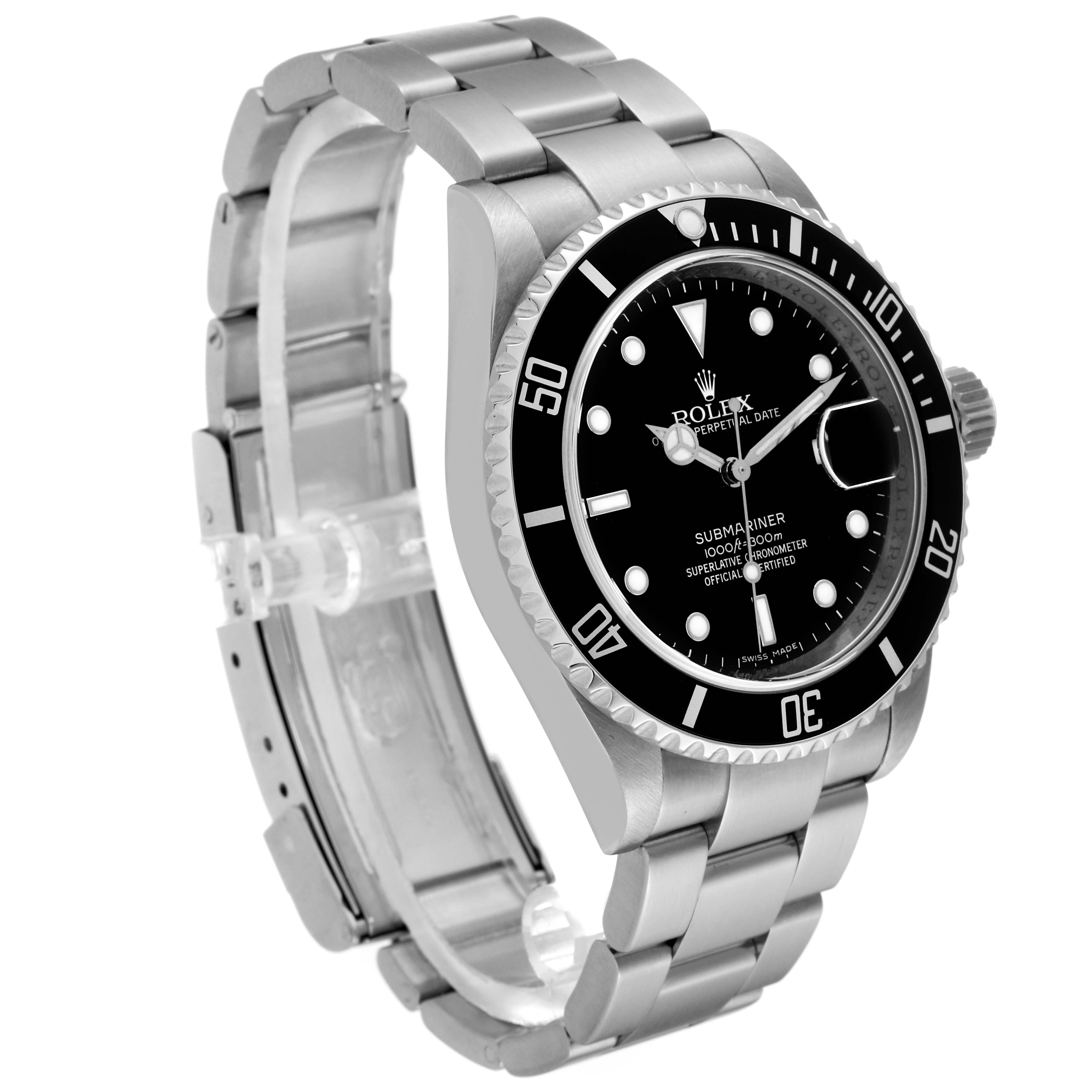 The image shows a Rolex Submariner 16610 Men
s Stainless Steel Black Dial 16610 Men
s Stainless Steel Black Dial watch with a steel bracelet, black bezel, and black dial, taken from a slightly angled side view.