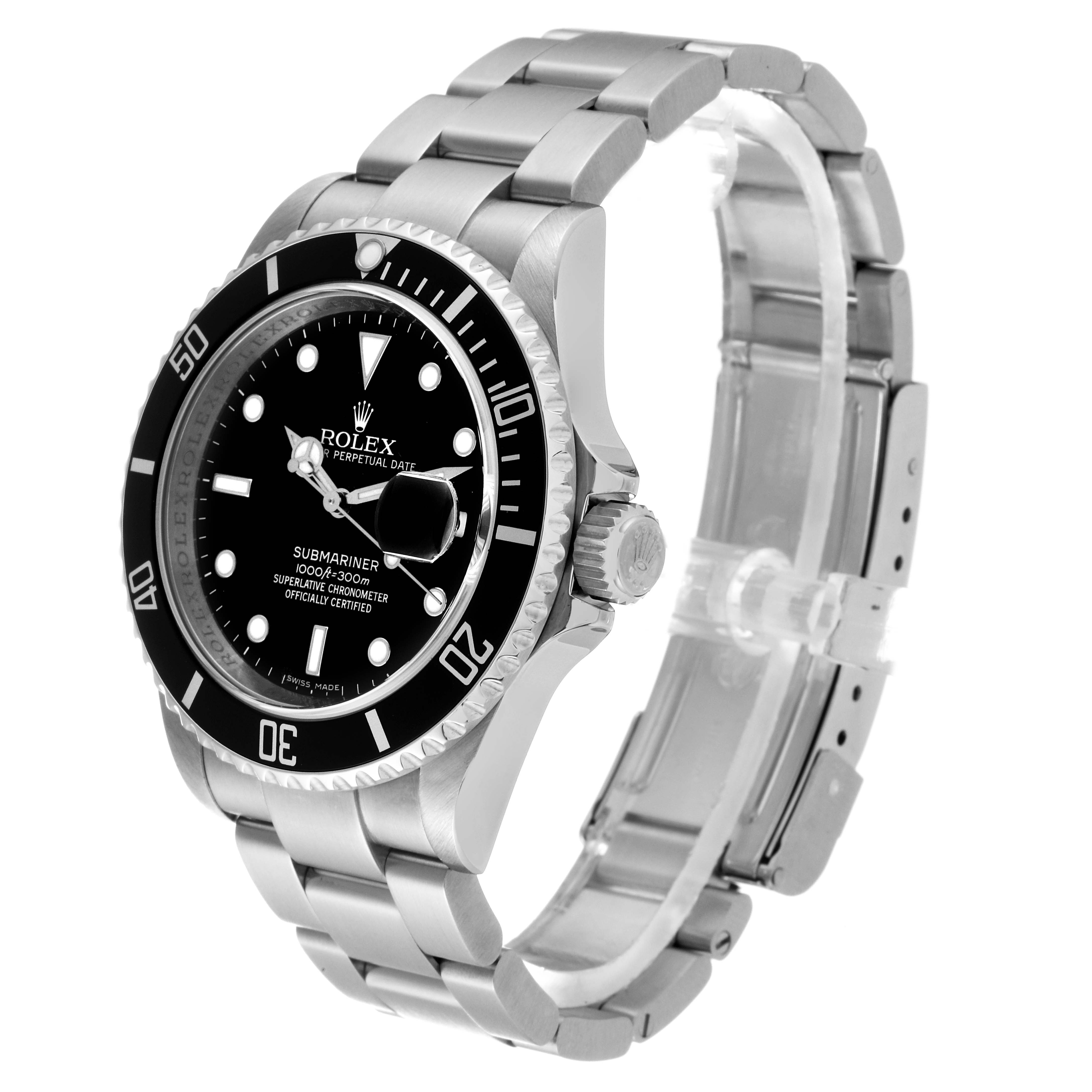 The image shows a Rolex Submariner 16610 Men
s Stainless Steel Black Dial 16610 Men
s Stainless Steel Black Dial watch from a side angle, focusing on the dial, bezel, crown, and stainless steel bracelet.