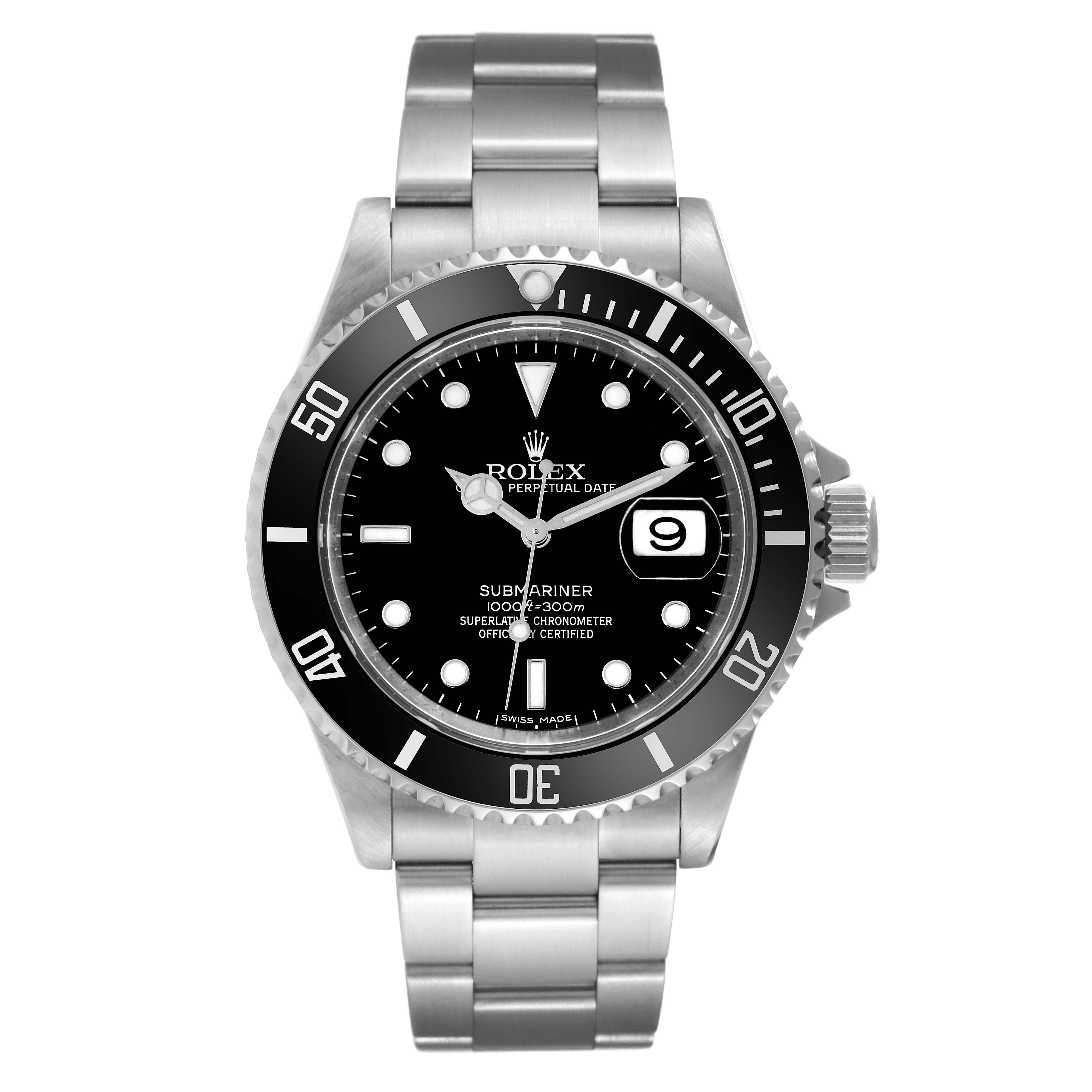 The image shows a Rolex Submariner 16610 Men
s Stainless Steel Black Dial 16610 Men
s Stainless Steel Black Dial watch from a front view, displaying its dial, bezel, and bracelet.