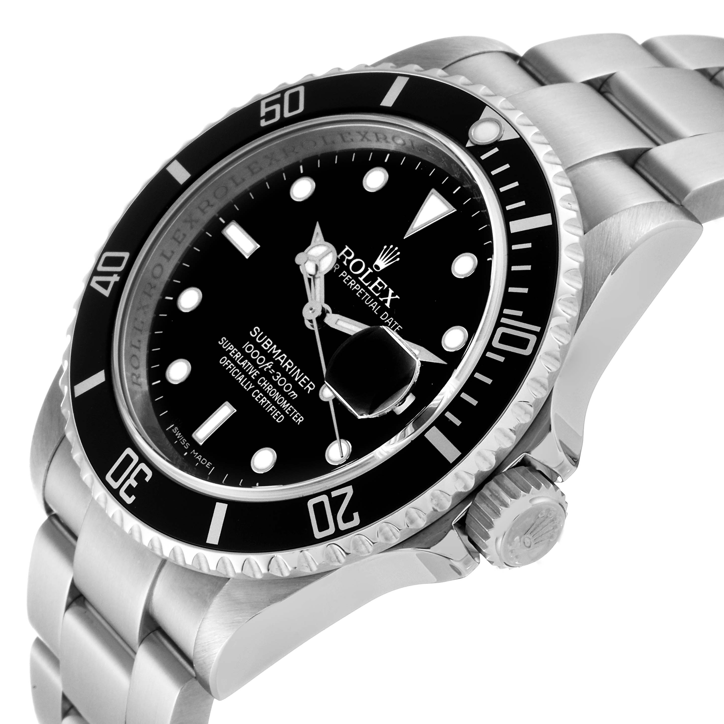 This image shows a Rolex Submariner 16610 Men
s Stainless Steel Black Dial 16610 Men
s Stainless Steel Black Dial watch at an angled view, highlighting its dial, bezel, and bracelet.