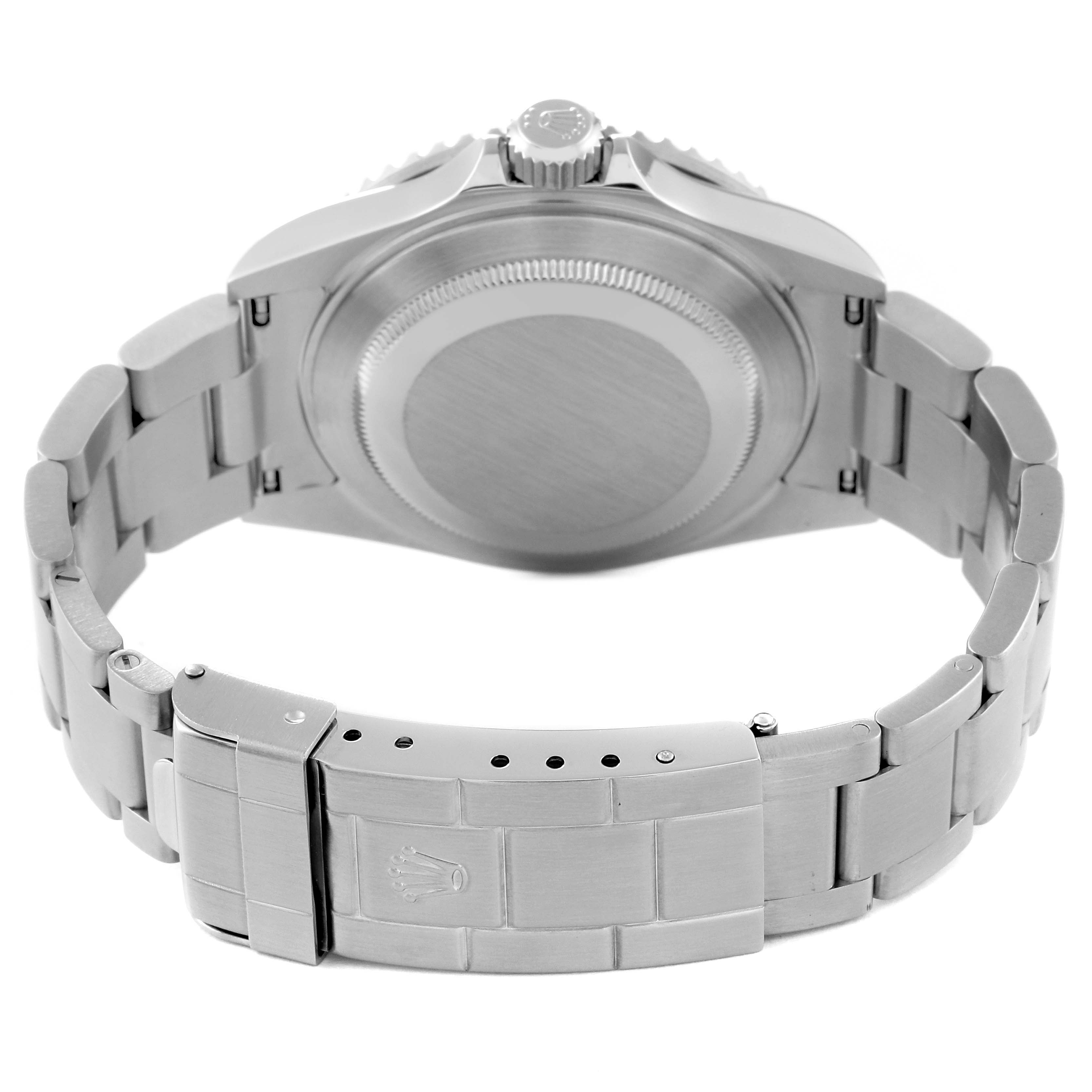 The image shows the bracelet, clasp, case back, and crown of a Rolex Submariner 16610 Men
s Stainless Steel Black Dial 16610 Men
s Stainless Steel Black Dial watch from the rear angle.