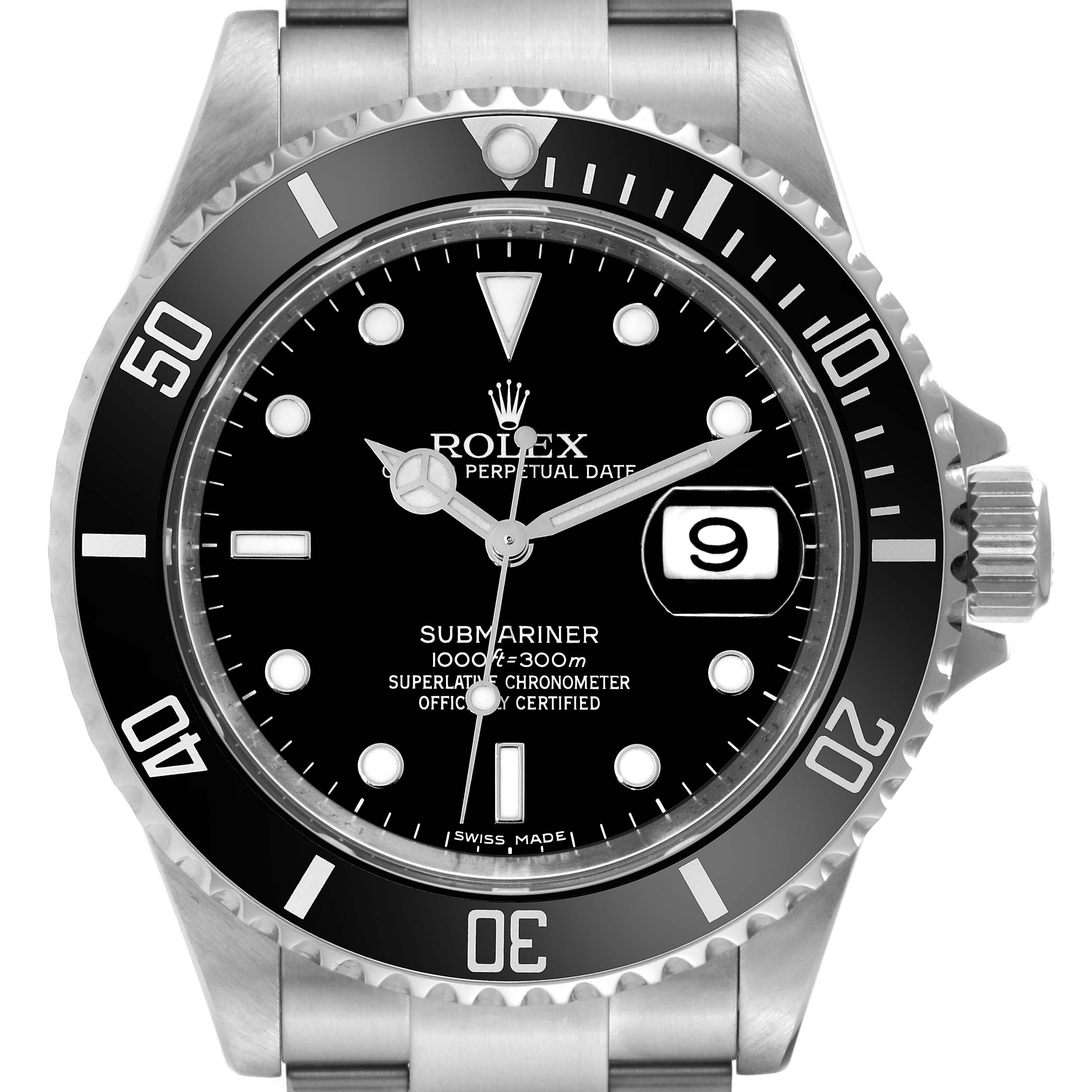 This image shows the front view of a Rolex Submariner 16610 Men
s Stainless Steel Black Dial 16610 Men
s Stainless Steel Black Dial watch, highlighting its bezel, dial, and bracelet.